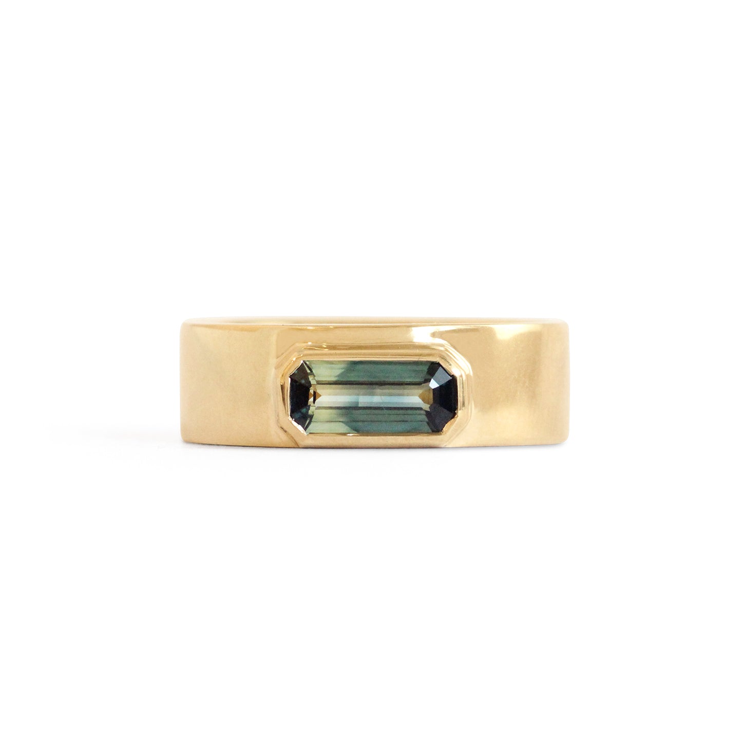 Front view of Horizon Band / Bicolor Blue Yellow Emerald Cut Sapphire