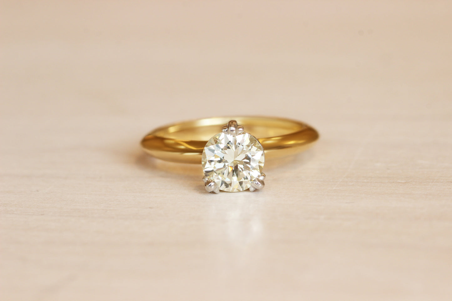 Old euro solitaire ring with recycled yellow gold and a platinum setting, based on our Cornice Collection