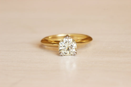 Old euro solitaire ring with recycled yellow gold and a platinum setting, based on our Cornice Collection