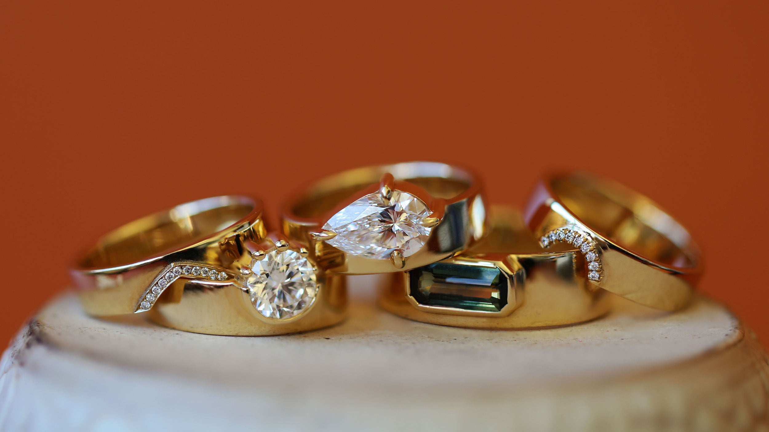 Stacked view of engagement rings and wedding bands from our Matrimony Collection