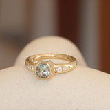 Lifestyle angled view of Ash Ring Asscher Cut Sapphire 1.1ct in 14k yellow gold by Goldpoint