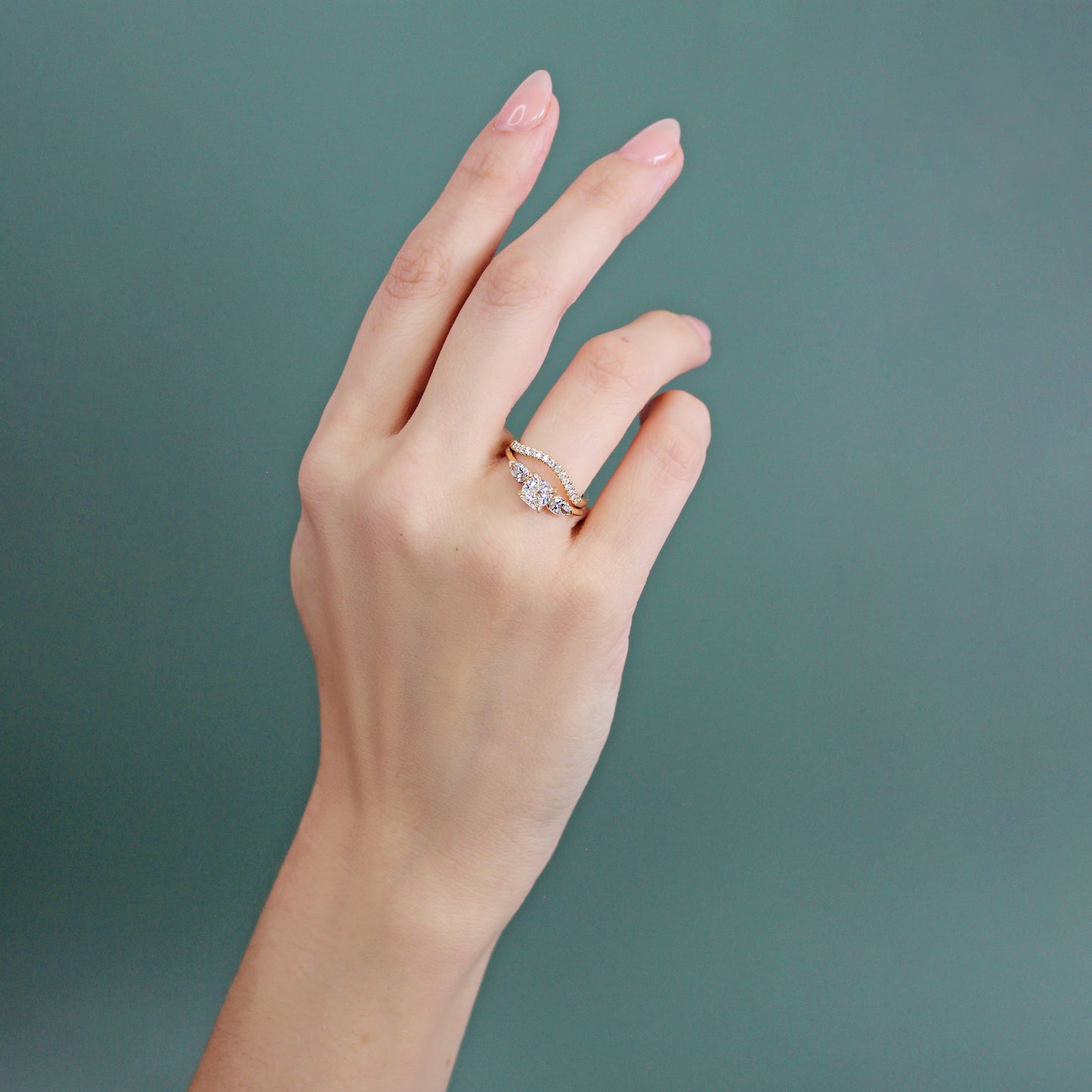 Model wears Curve Flat Band / Deep + Lab Diamonds by Goldpoint