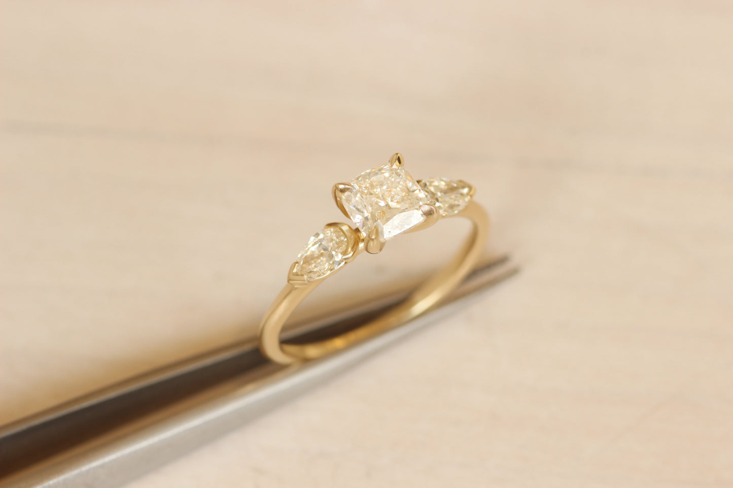 Bosc Ring / Lab Cushion 1ct + Side Pear Diamonds .44ct