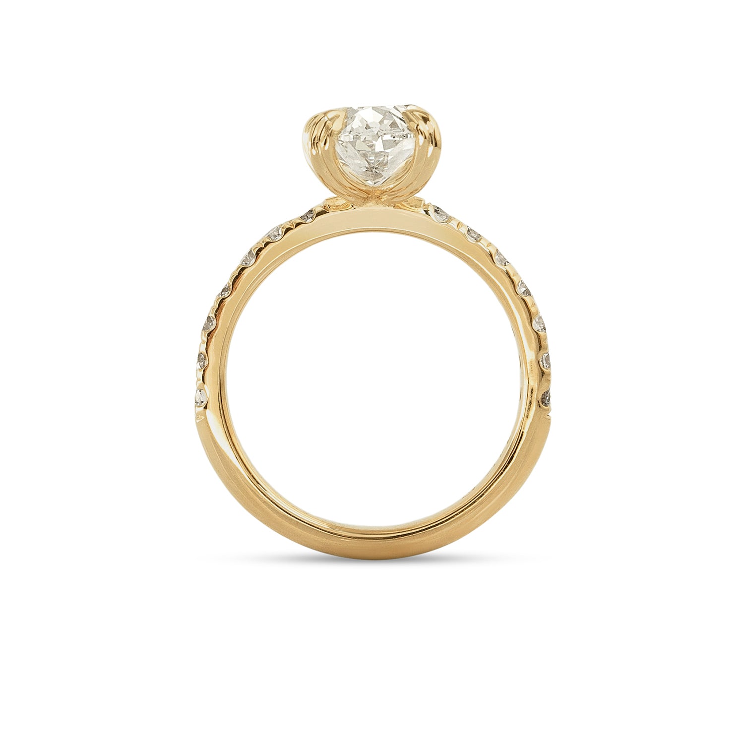 Side profile view of Calyer Ring Oval Old Mine Cut Lab Diamond 2.32ct by Goldpoint Jewelry