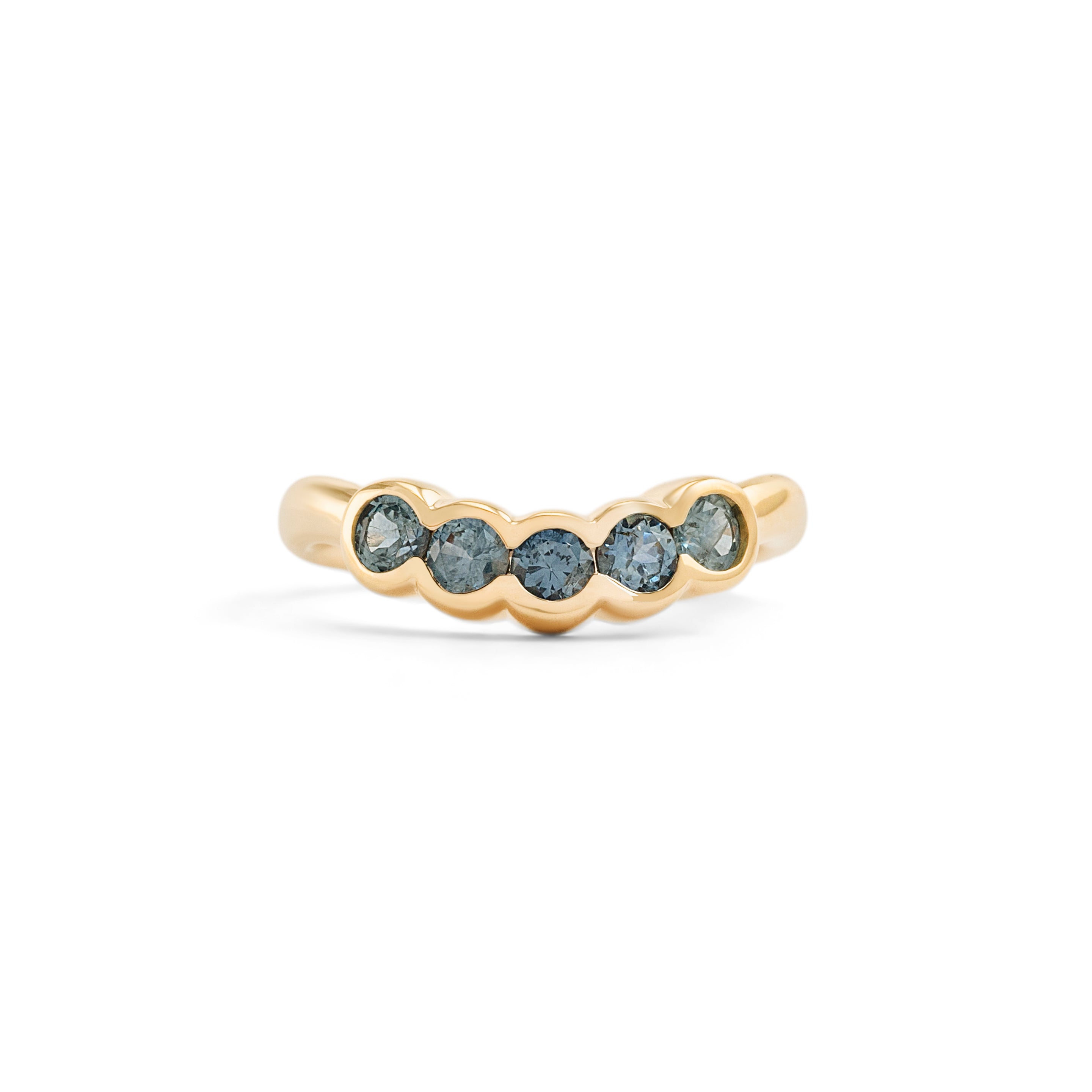 Front view of Cloud 5 Band Curve / Round Sapphires / in Yellow Gold by Goldpoint Jewelry