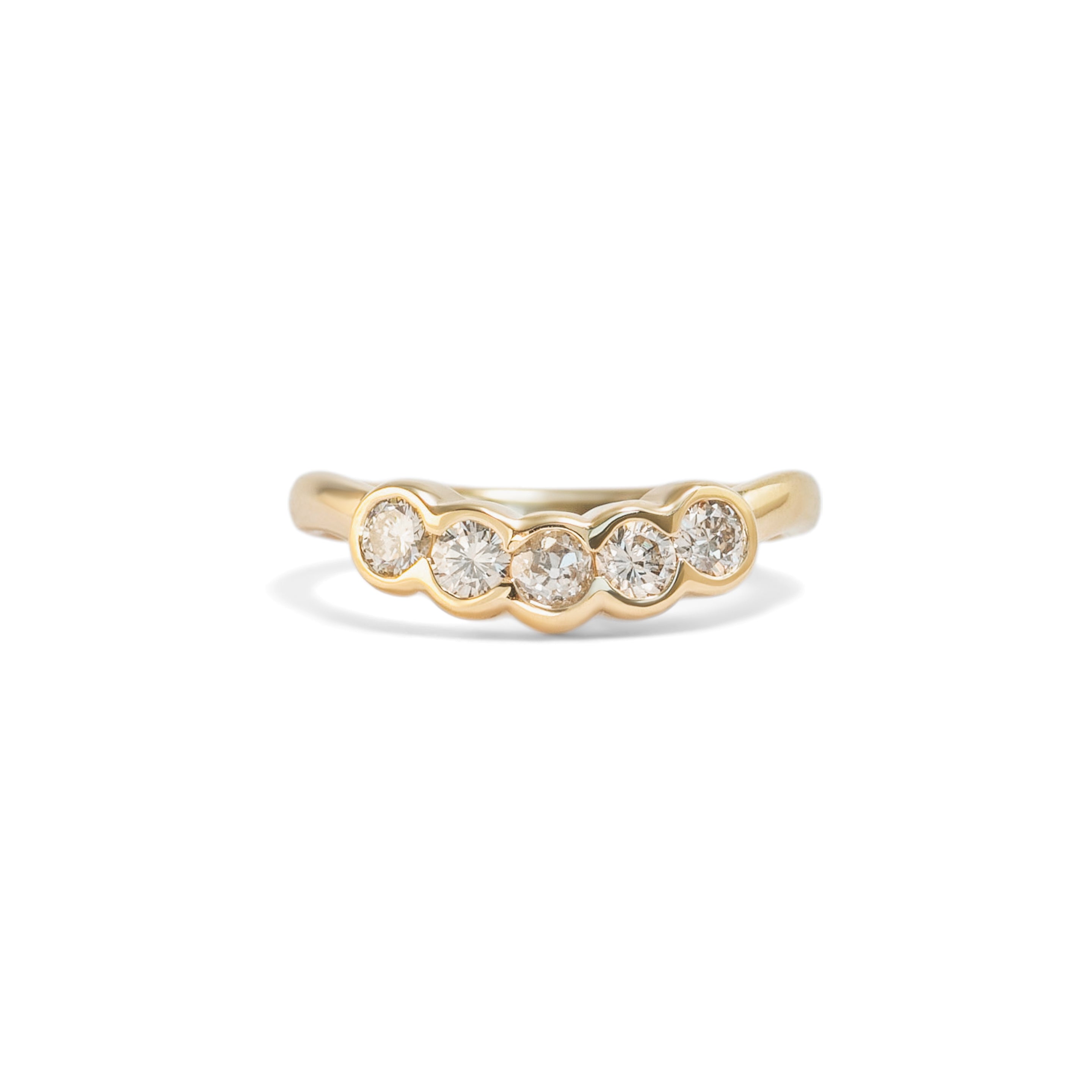 Front view of Cloud 5 Band Curve / Round Natural Champagne Diamonds / in 14k Yellow Gold by Goldpoint Jewelry