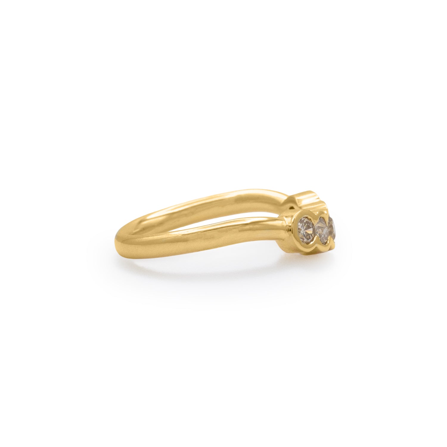 Side view of Cloud 5 Band Curve / Round Natural Champagne Diamonds / in Yellow Gold by Goldpoint Jewelry