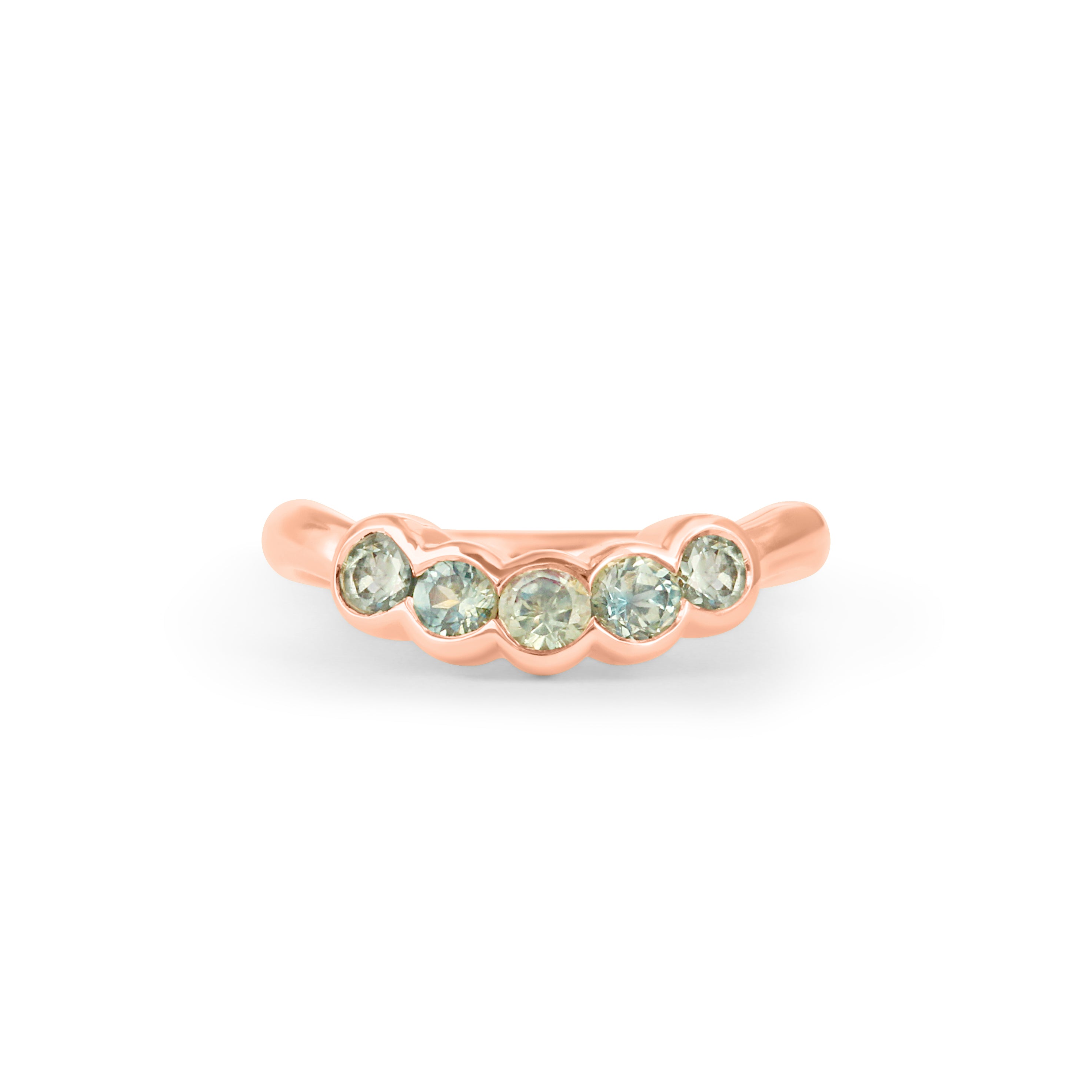 Front view of Cloud 5 Band Curve / Round Sapphires / in 14k Rose Gold by Goldpoint Jewelry