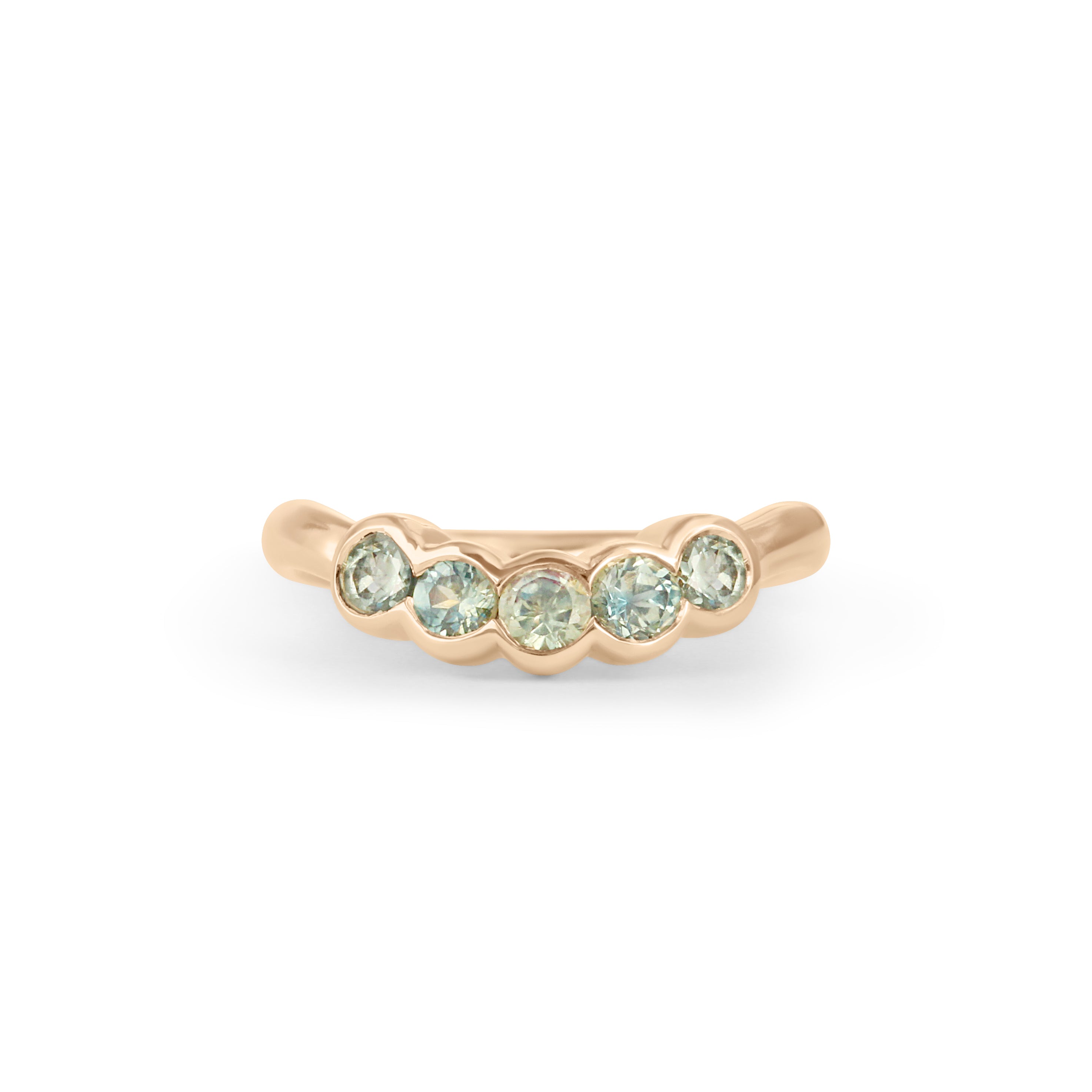 Front view of Cloud 5 Band Curve / Round Sapphires / in 14k Yellow Gold by Goldpoint Jewelry