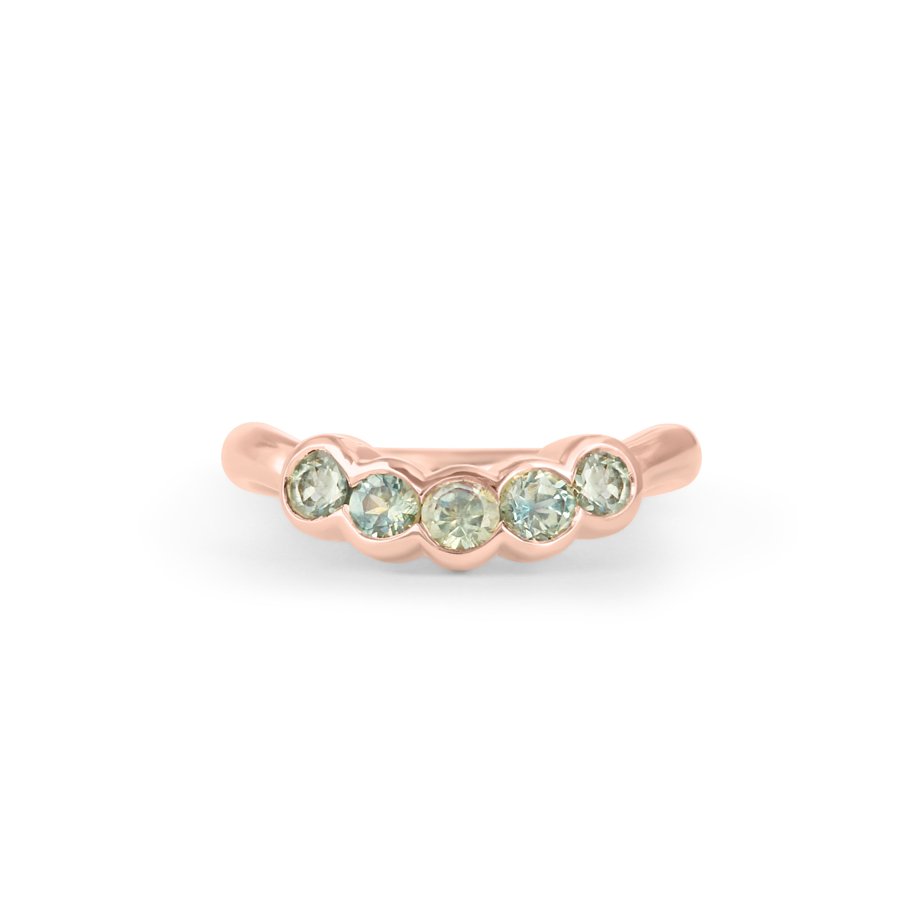 Front view of Cloud 5 Band Curve / Round Sapphires / in 18k Rose Gold by Goldpoint Jewelry