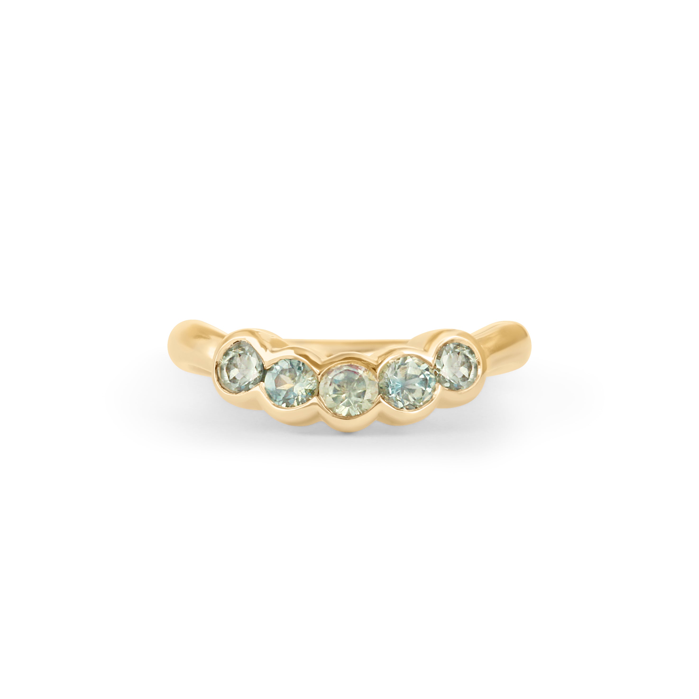 Front view of Cloud 5 Band Curve / Round Sapphires / in 18k Yellow Gold by Goldpoint Jewelry