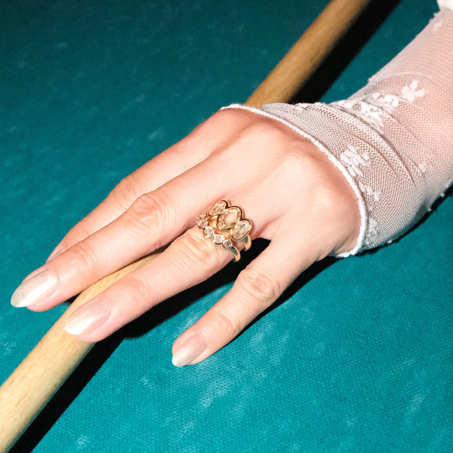 Model wears Clay 3 Ring Oval Natural Diamond 1.08ct stacked by Goldpoint