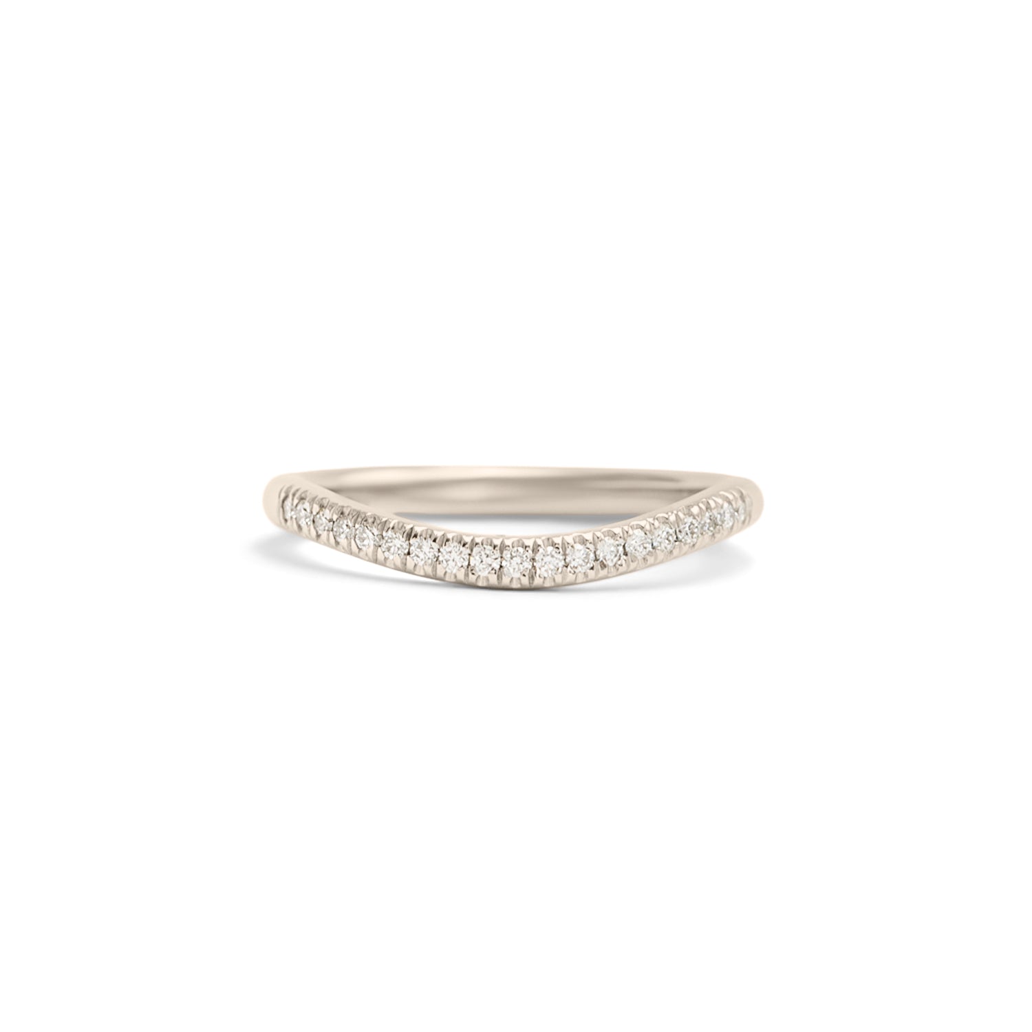 Front view of Dome Band 2mm Soft Curve / Pave Round Diamonds / in 18k White Gold by Goldpoint Jewelry