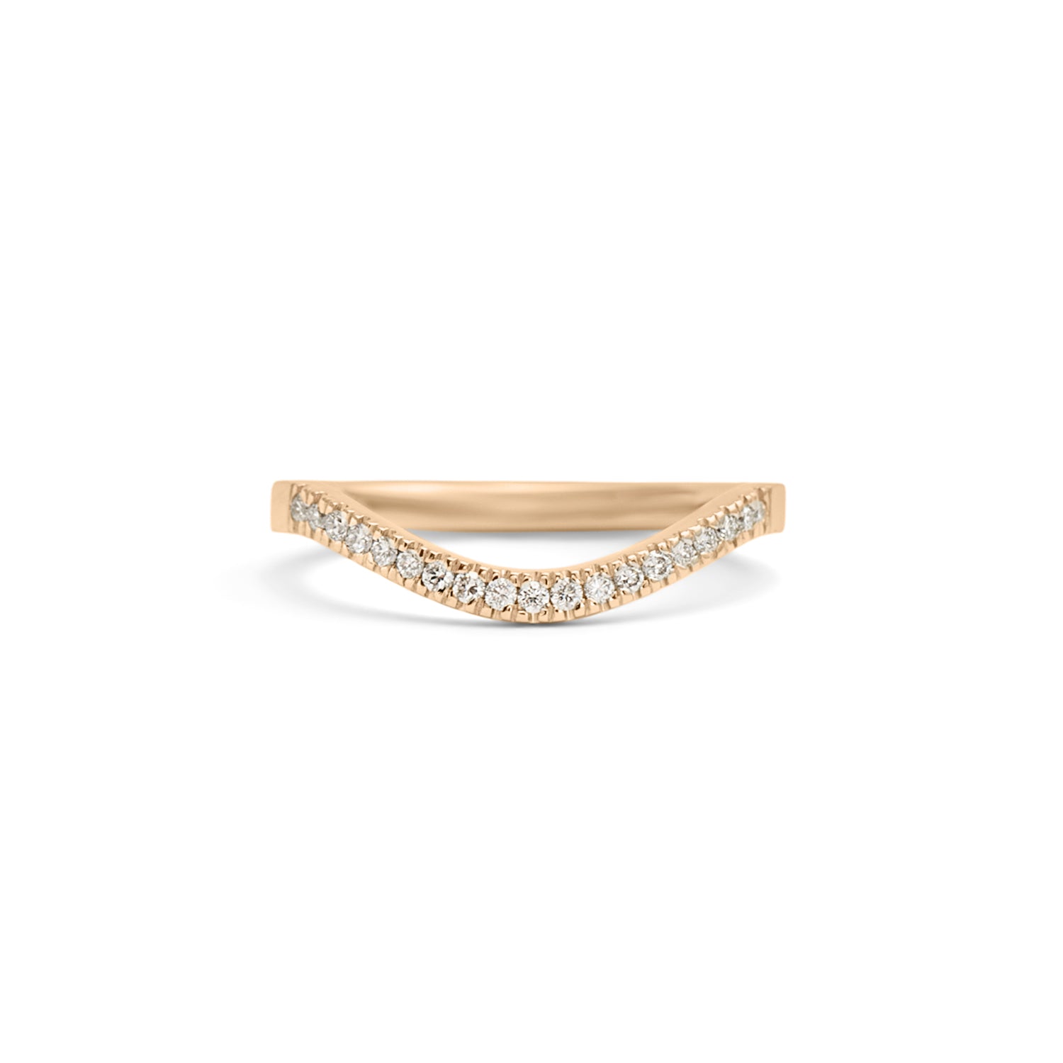 Front view of Flat Band 2mm Deep Curve / Pave Round Diamonds / in 14k Yellow Gold by Goldpoint Jewelry