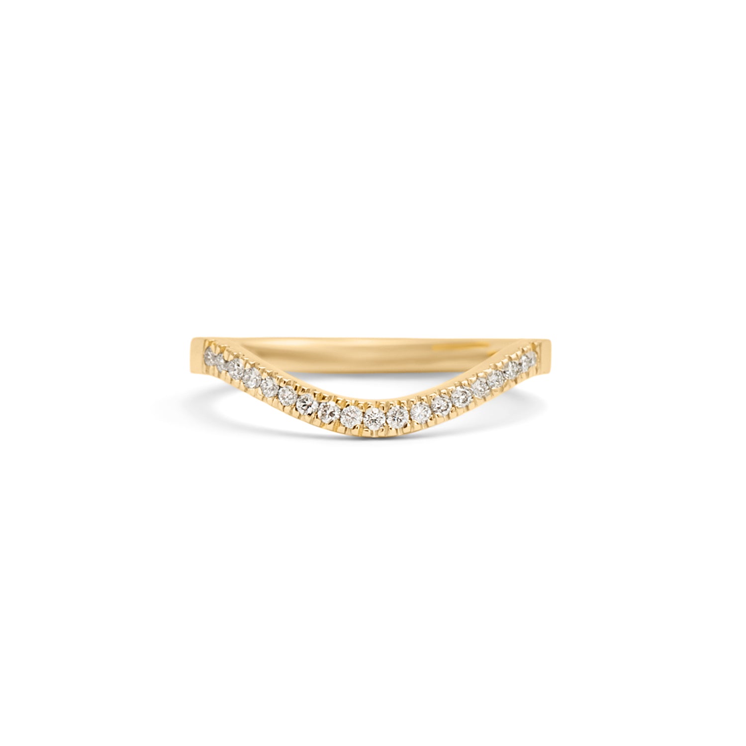 Front view of Flat Band 2mm Deep Curve / Pave Round Diamonds / in 18k Yellow Gold by Goldpoint Jewelry