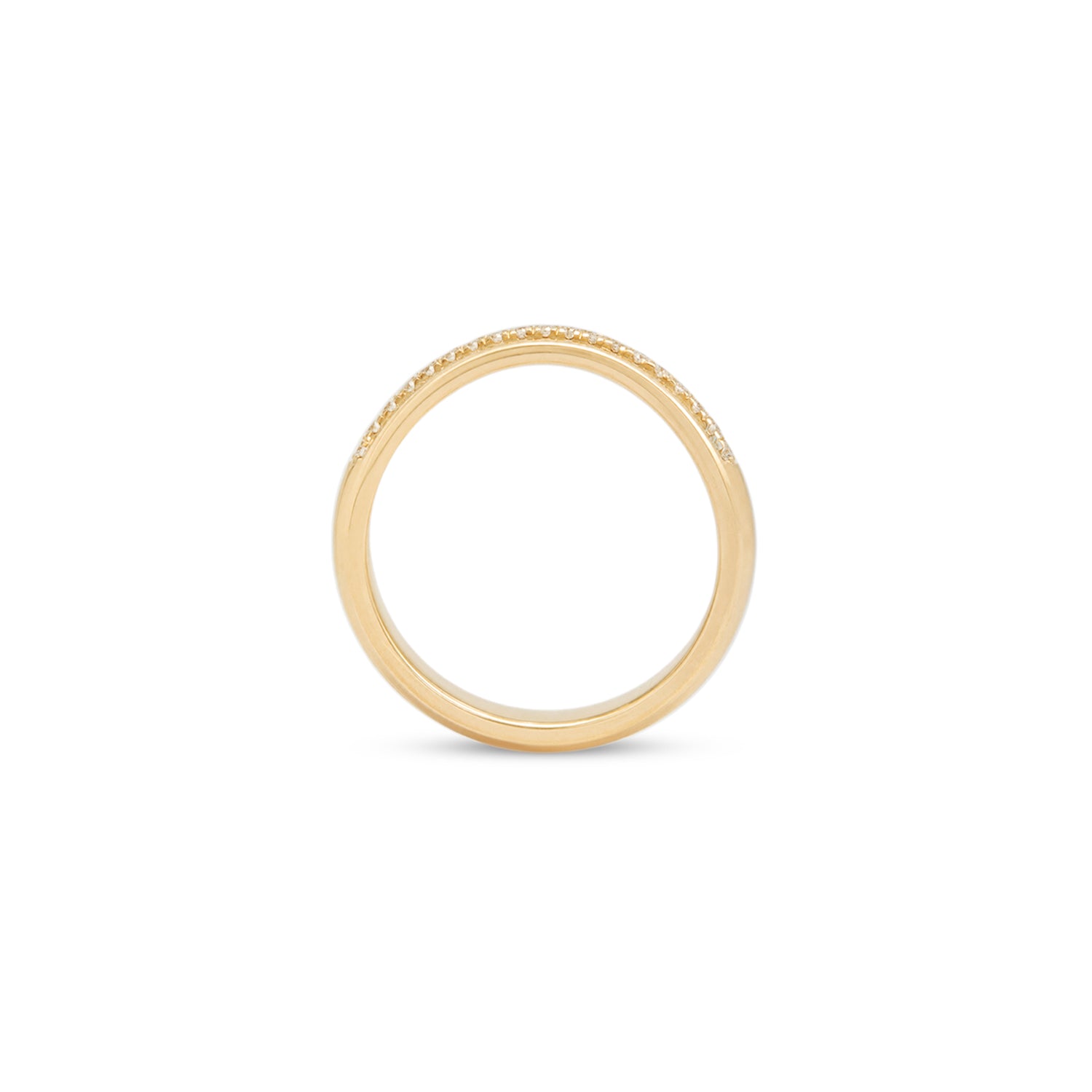 Side profile view of Cornice Band Deep Curve / Pave Round Diamonds / in 14k Yellow Gold by Goldpoint Jewelry