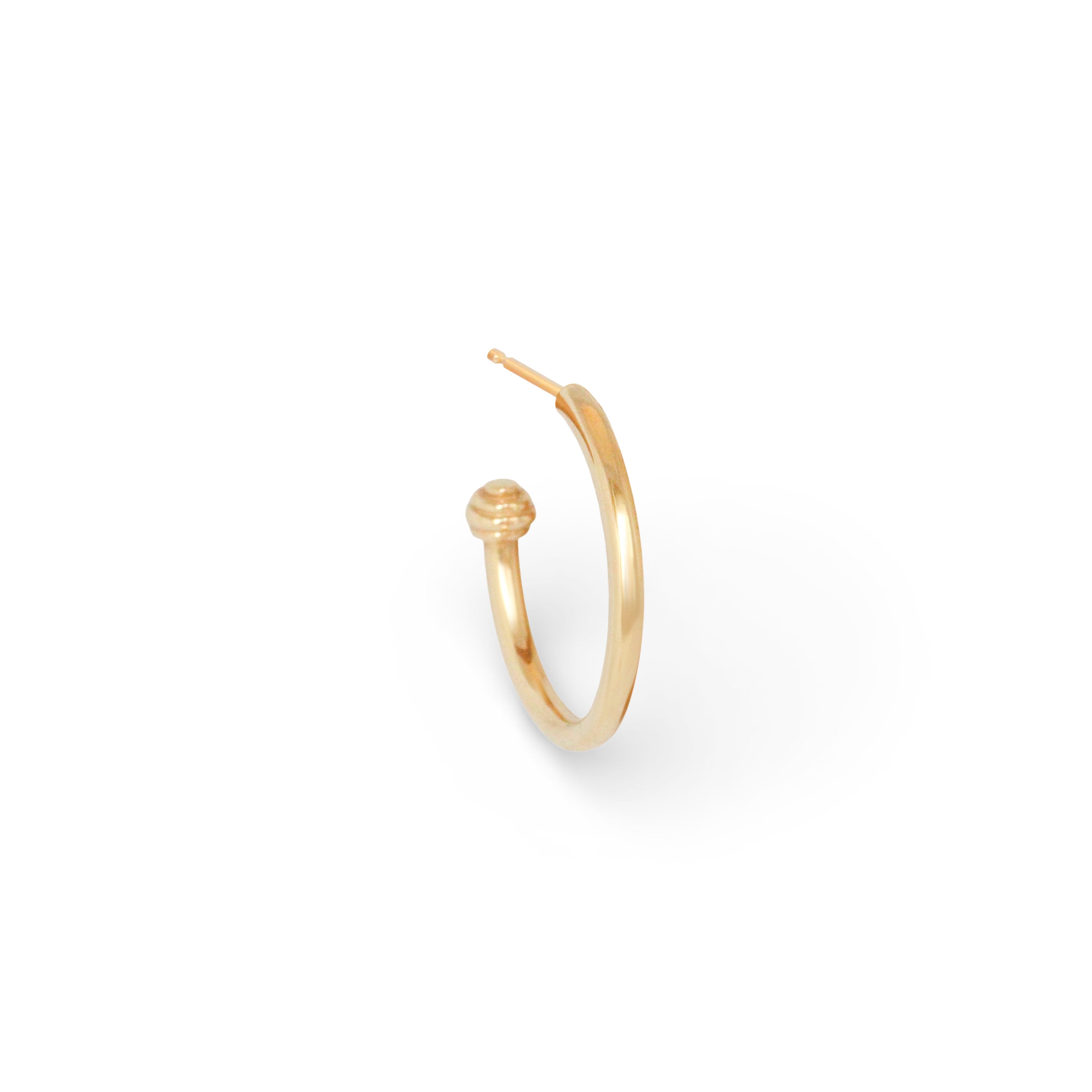 Angled side view of Cornice End Hoop / Large by Goldpoint Jewelry