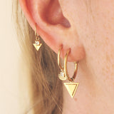 Front view of Step Frame Charm / Triangle on a Cornice Hoop with two other earring combinations by Goldpoint Jewelry