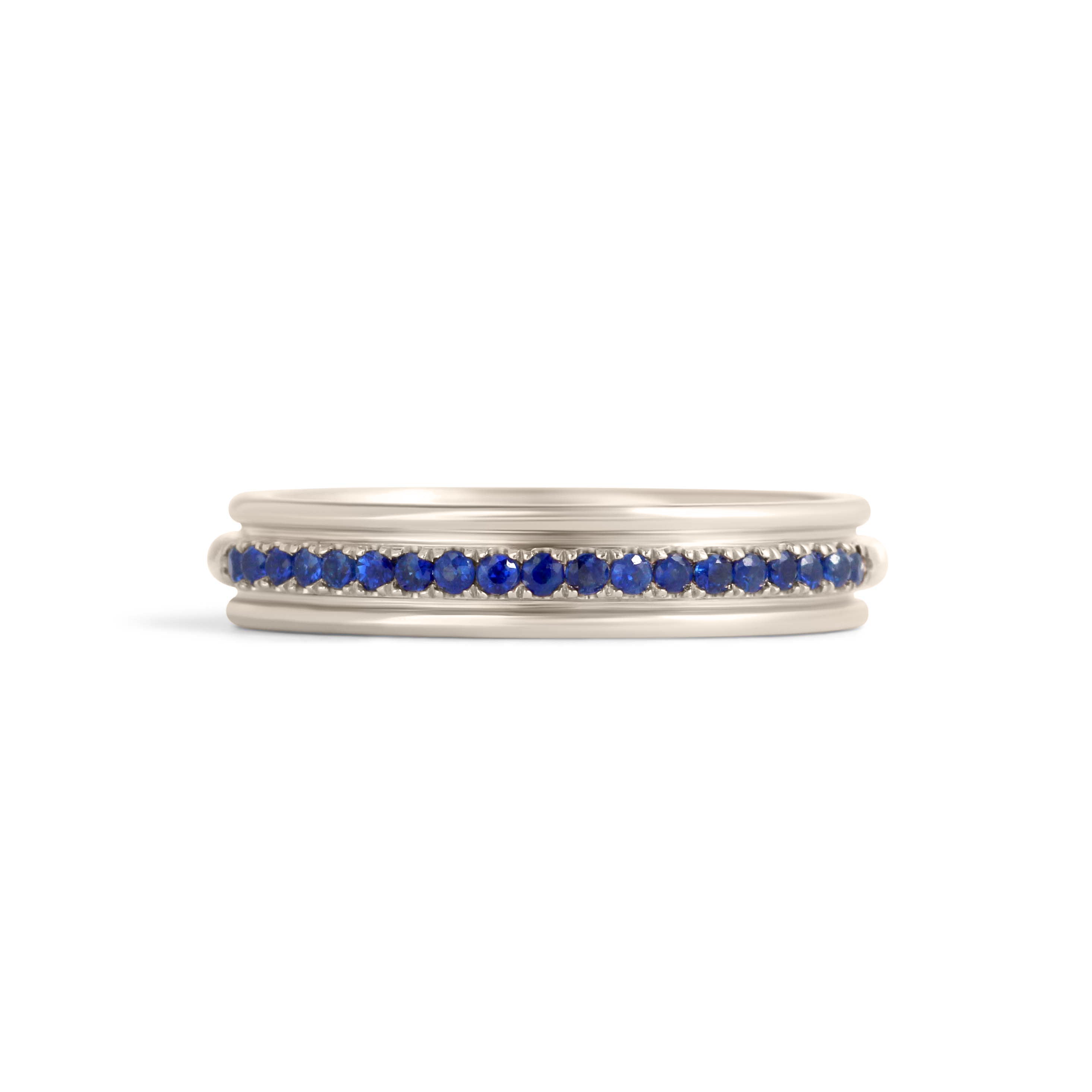 Front view of Cornice Band / Pave Round Sapphires / in 18k White Gold by Goldpoint Jewelry