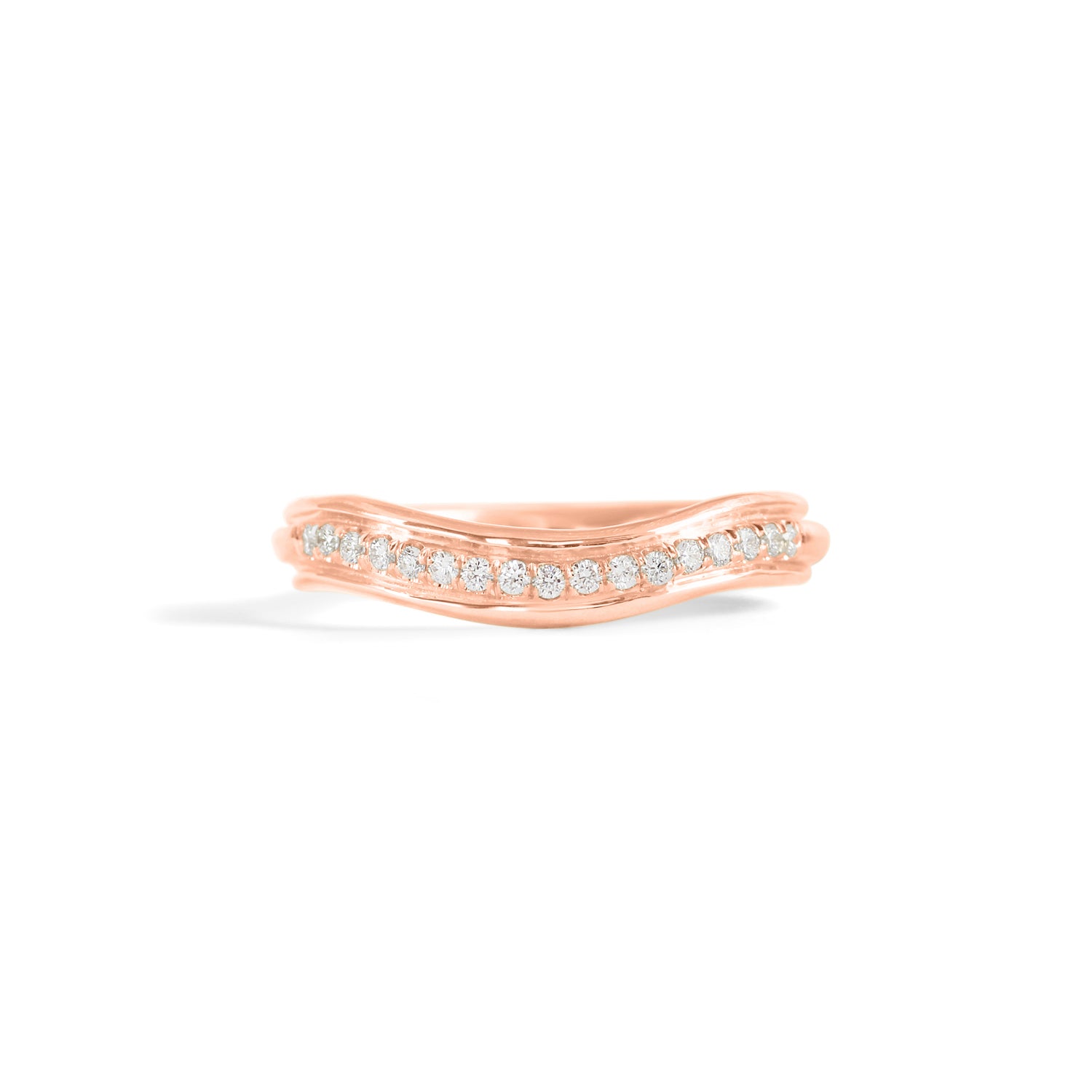Front view of Cornice Band Soft Curve / Pave Round Natural Diamonds / in 14k Rose Gold by Goldpoint Jewelry