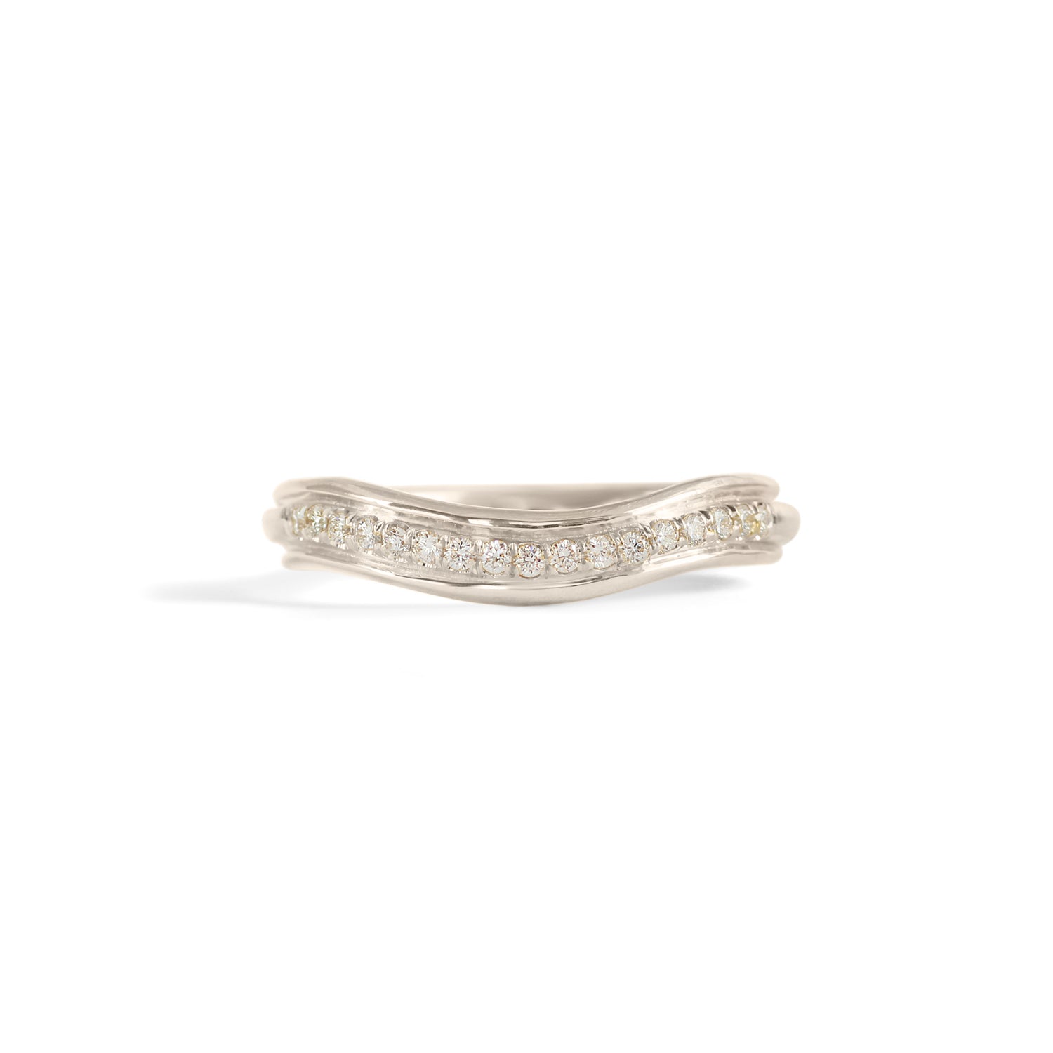 Front view of Cornice Band Soft Curve / Pave Round Natural Diamonds / in 18k White Gold by Goldpoint Jewelry
