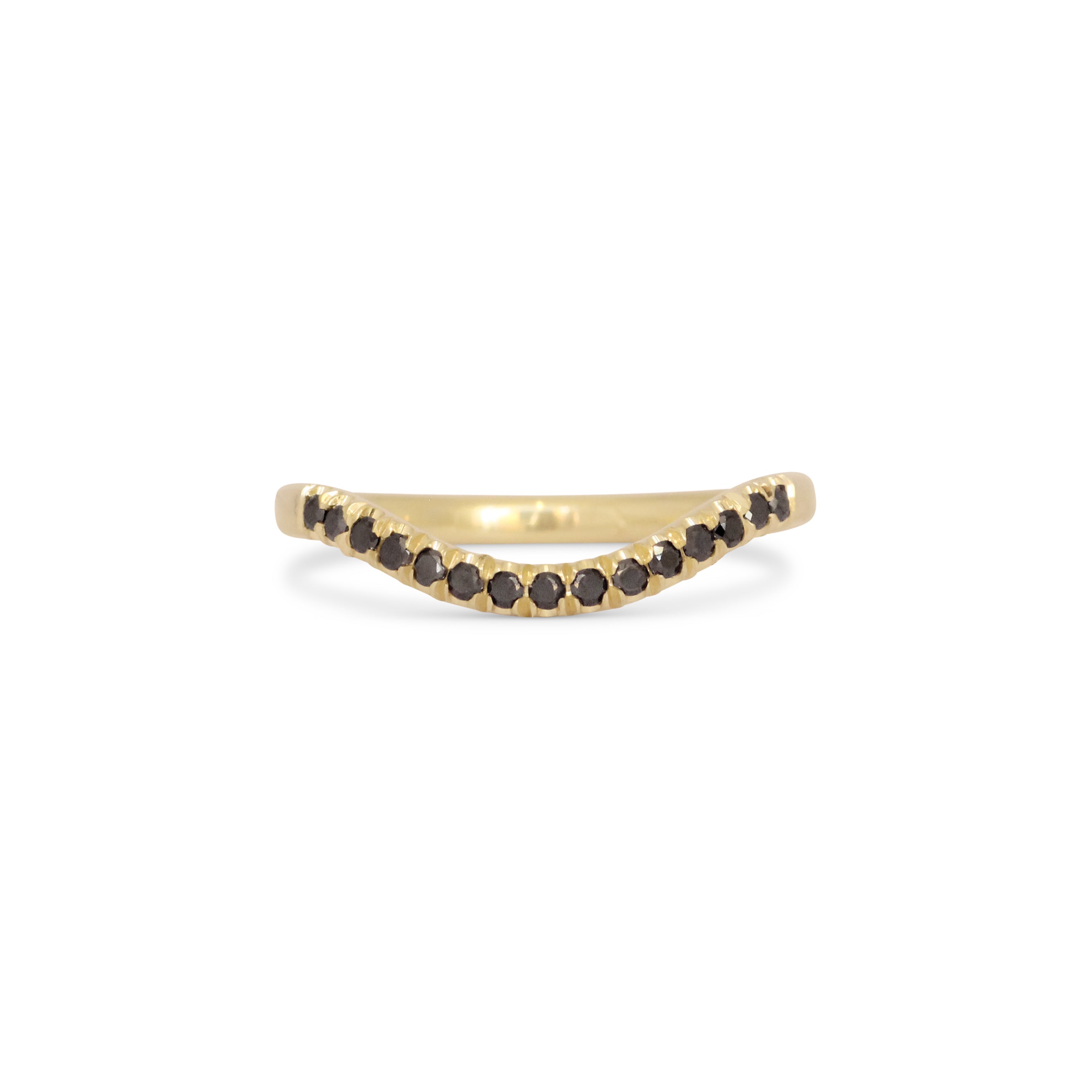 Front view of Flat Band Deep Curve Pave Round Black Diamonds in 14k yellow gold