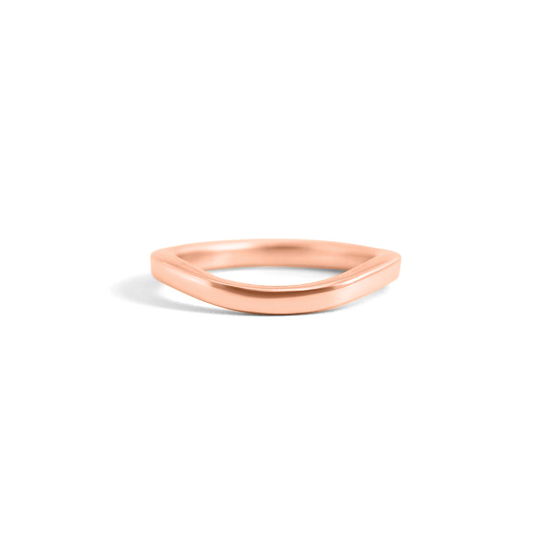Angled front view of Flat Band 2mm Soft Curve / in 14k Rose Gold by Goldpoint Jewelry