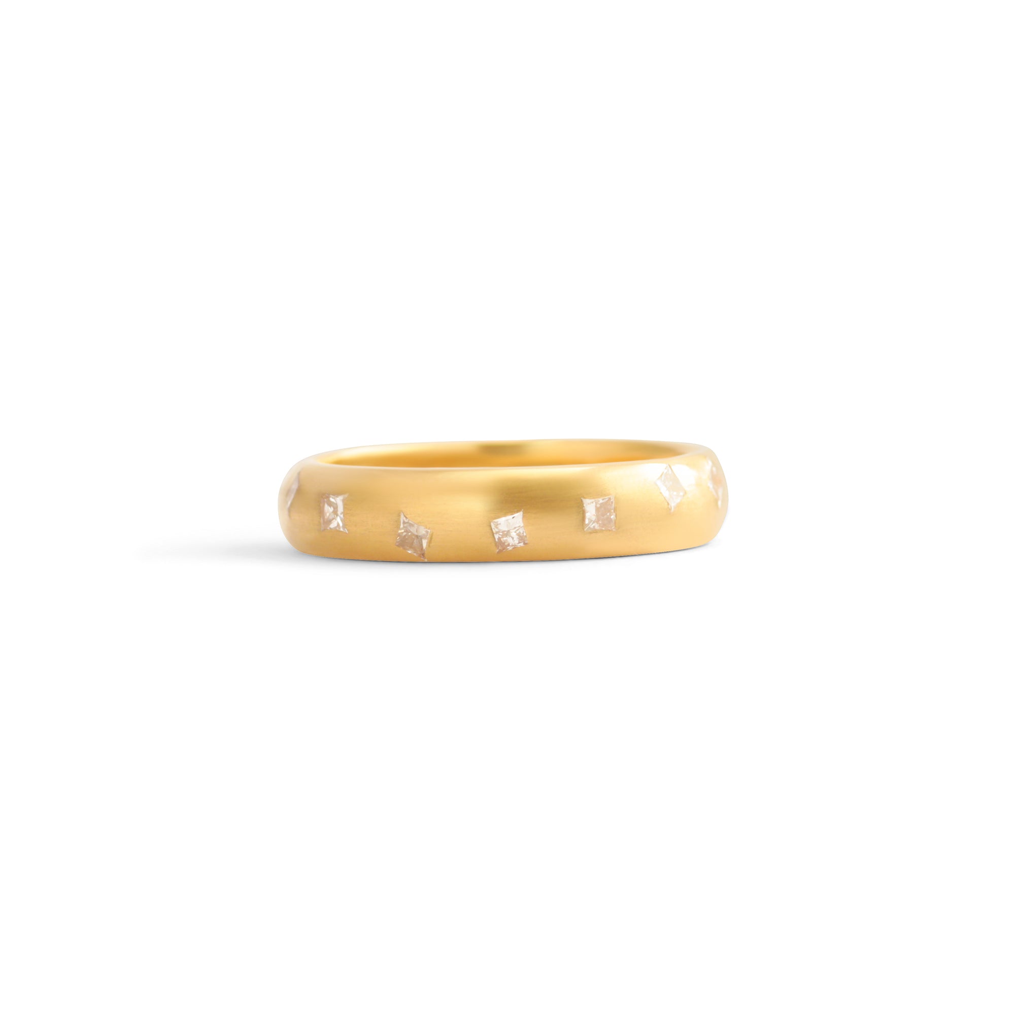 Front view of Dancing Band 5mm / Flush Princess Cut Lab Diamonds / in Yellow Gold by Goldpoint Jewelry