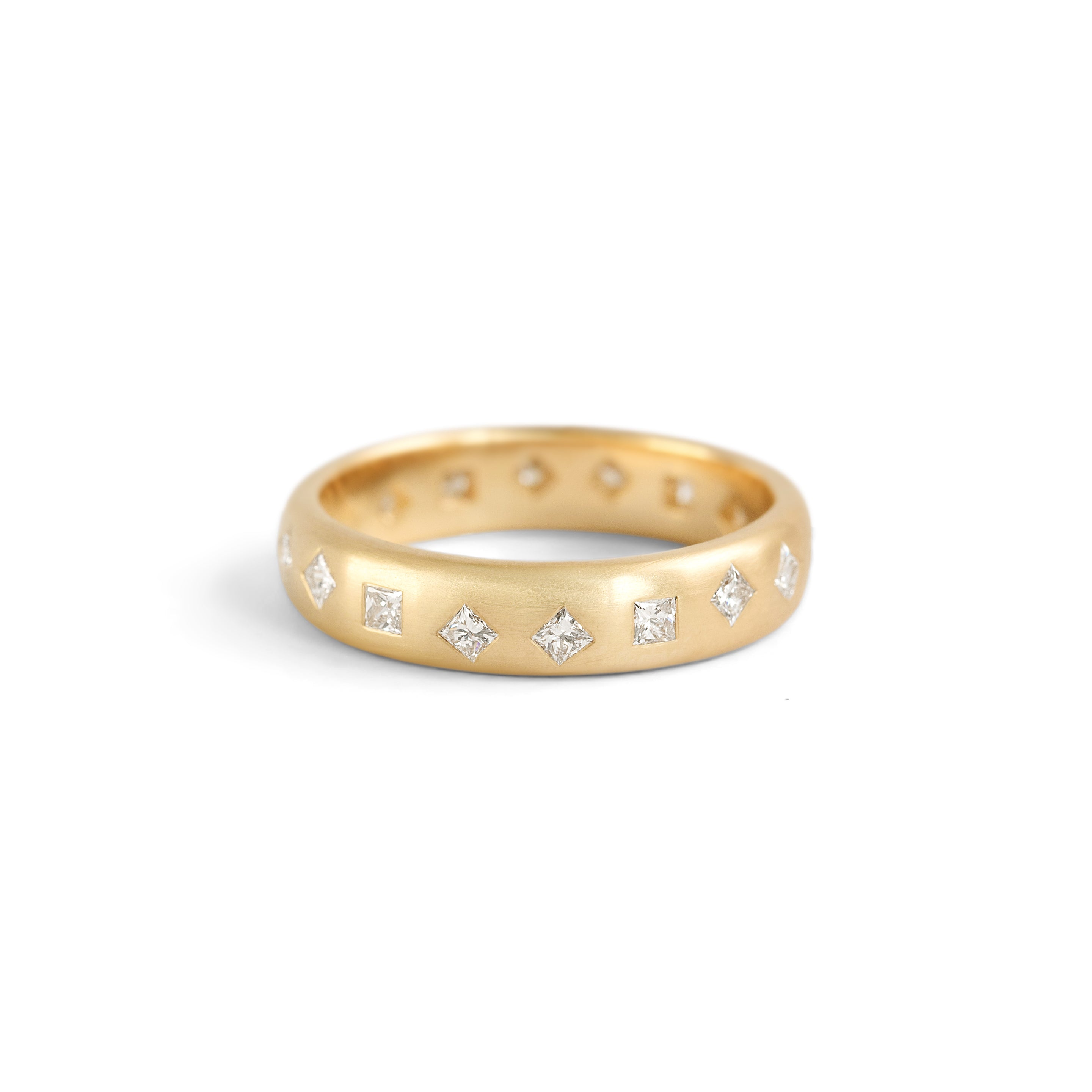 Side view of Dancing Band 5mm / Flush Princess Cut Lab Diamonds / in Yellow Gold by Goldpoint Jewelry