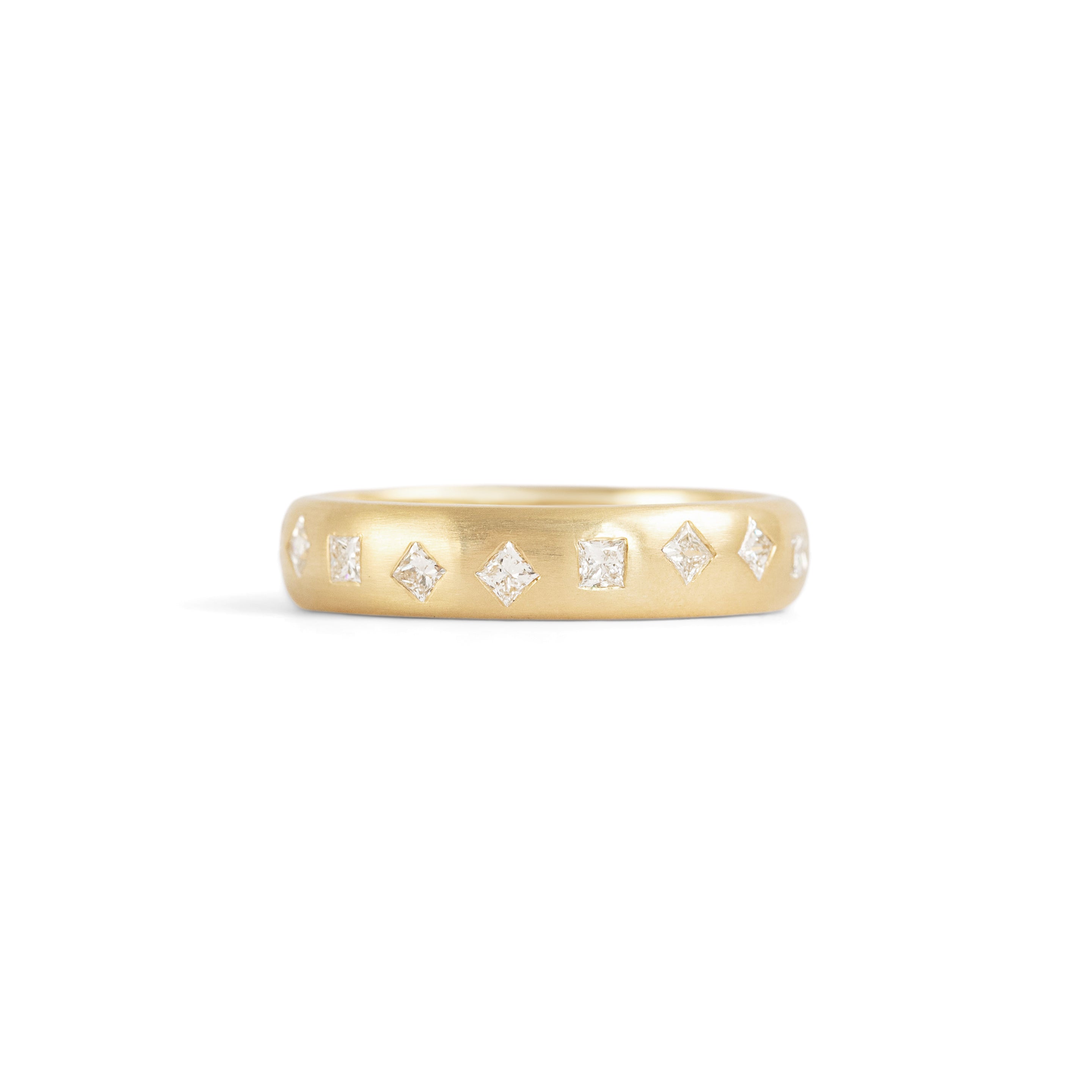 Front view of Dancing Band 5mm / Flush Princess Cut Lab Diamonds / in Yellow Gold by Goldpoint Jewelry