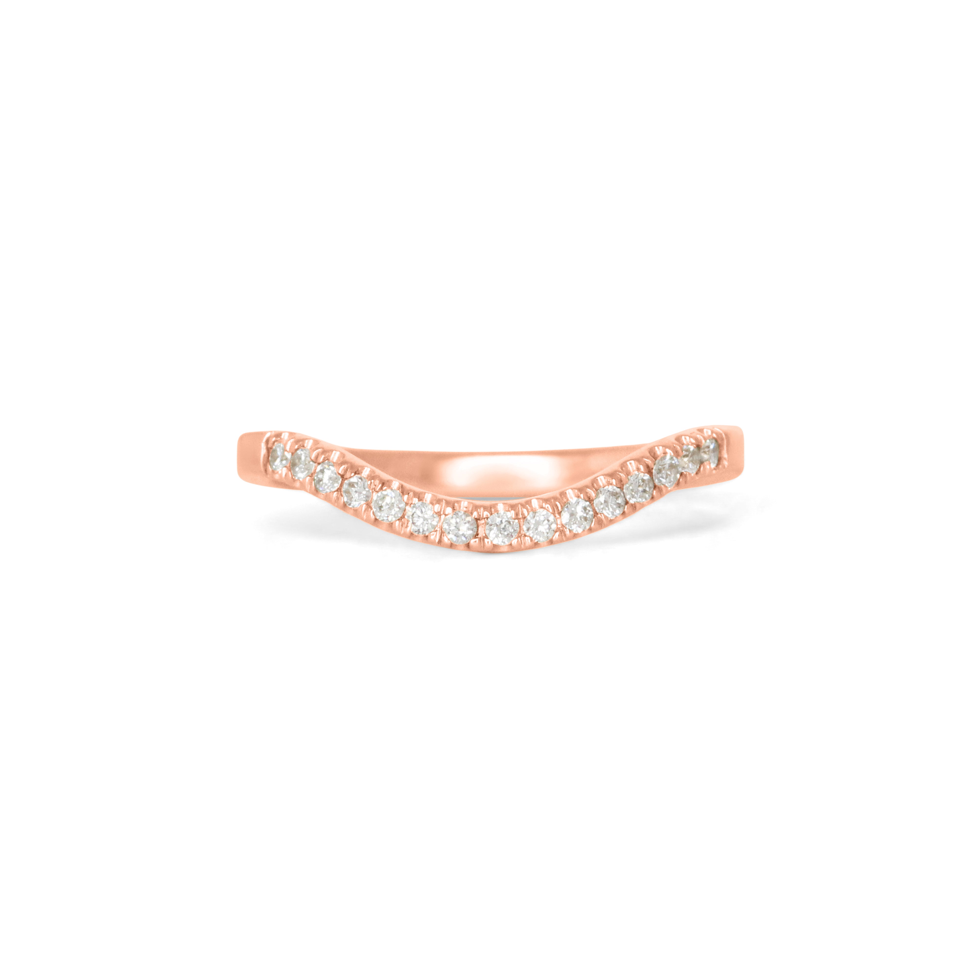 Front view of Flat Band 2mm Deep Curve / Pave Round Diamonds / in 14k Rose Gold by Goldpoint Jewelry