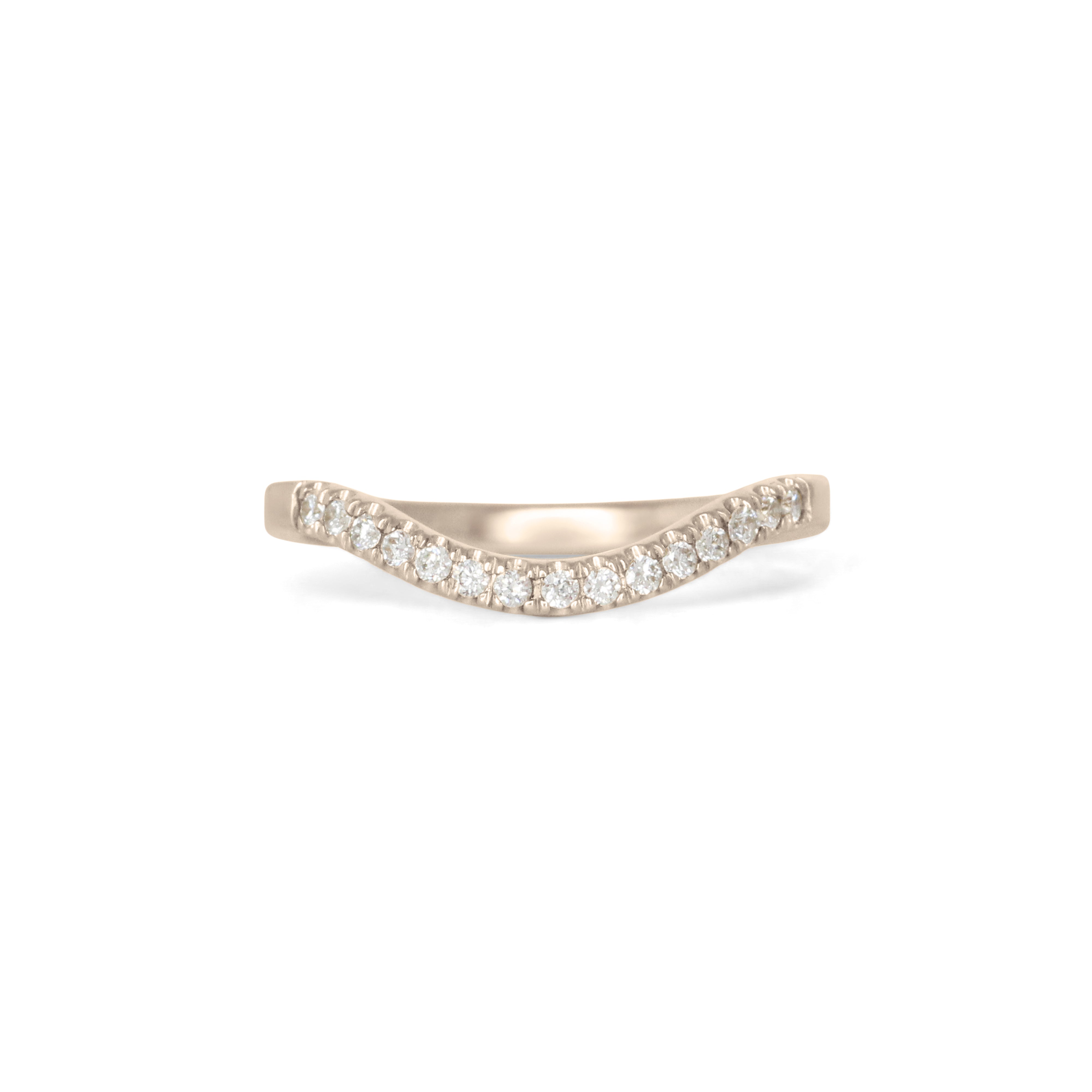 Front view of Flat Band 2mm Deep Curve / Pave Round Diamonds / in 14k White Gold by Goldpoint Jewelry