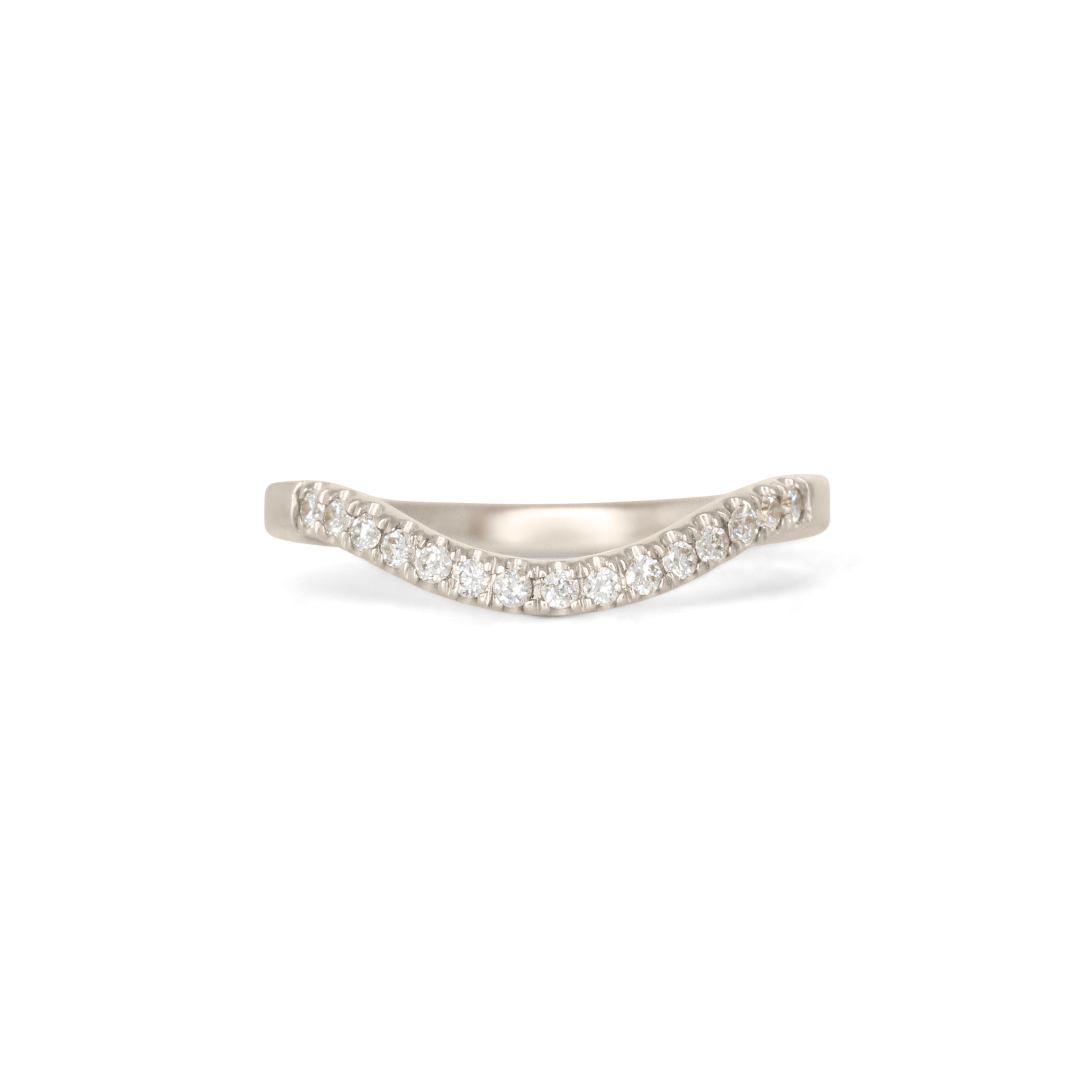 Front view of Flat Band 2mm Deep Curve / Pave Round Diamonds / in 18k White Gold by Goldpoint Jewelry