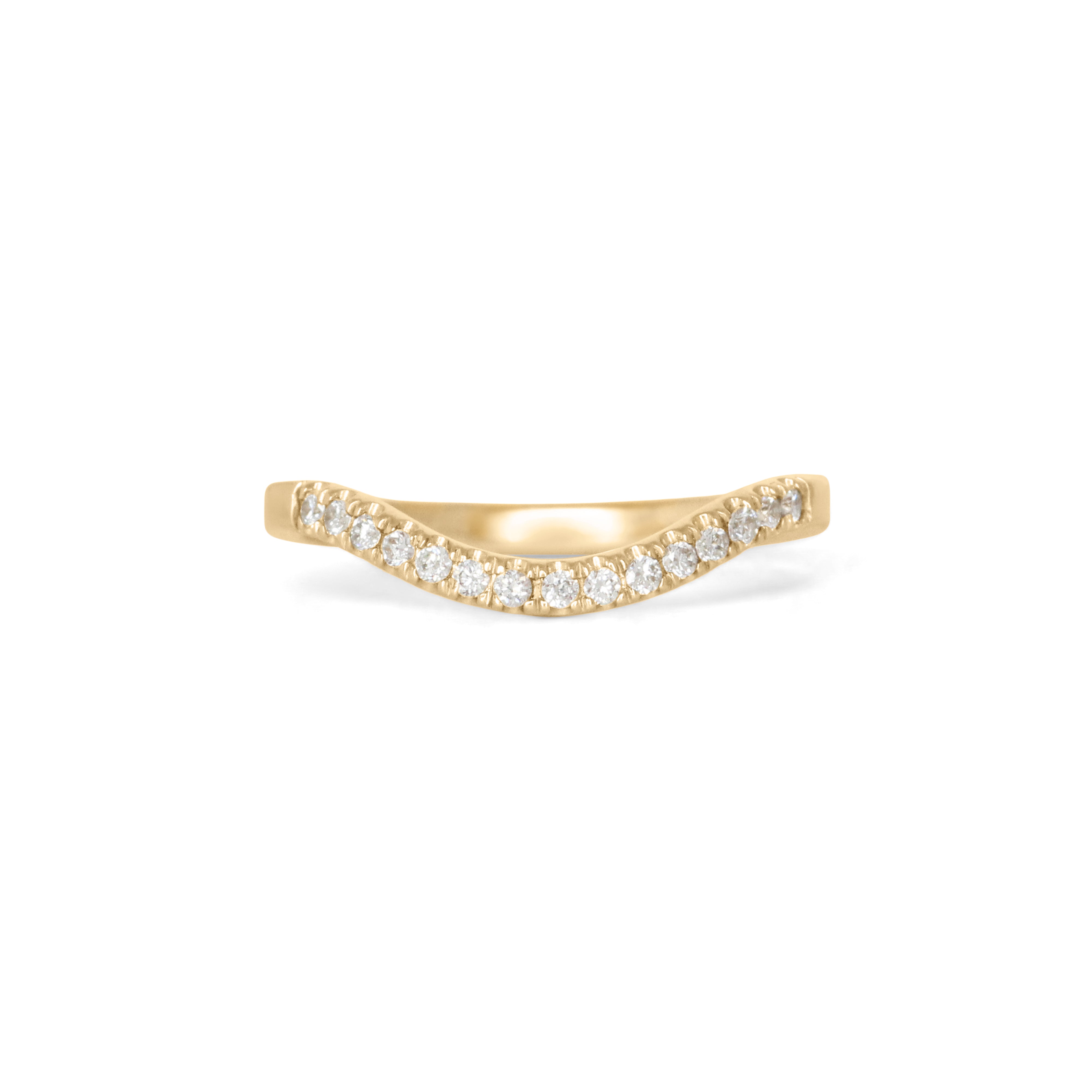 Front view of Flat Band 2mm Deep Curve / Pave Round Diamonds / in 18k Yellow Gold by Goldpoint Jewelry