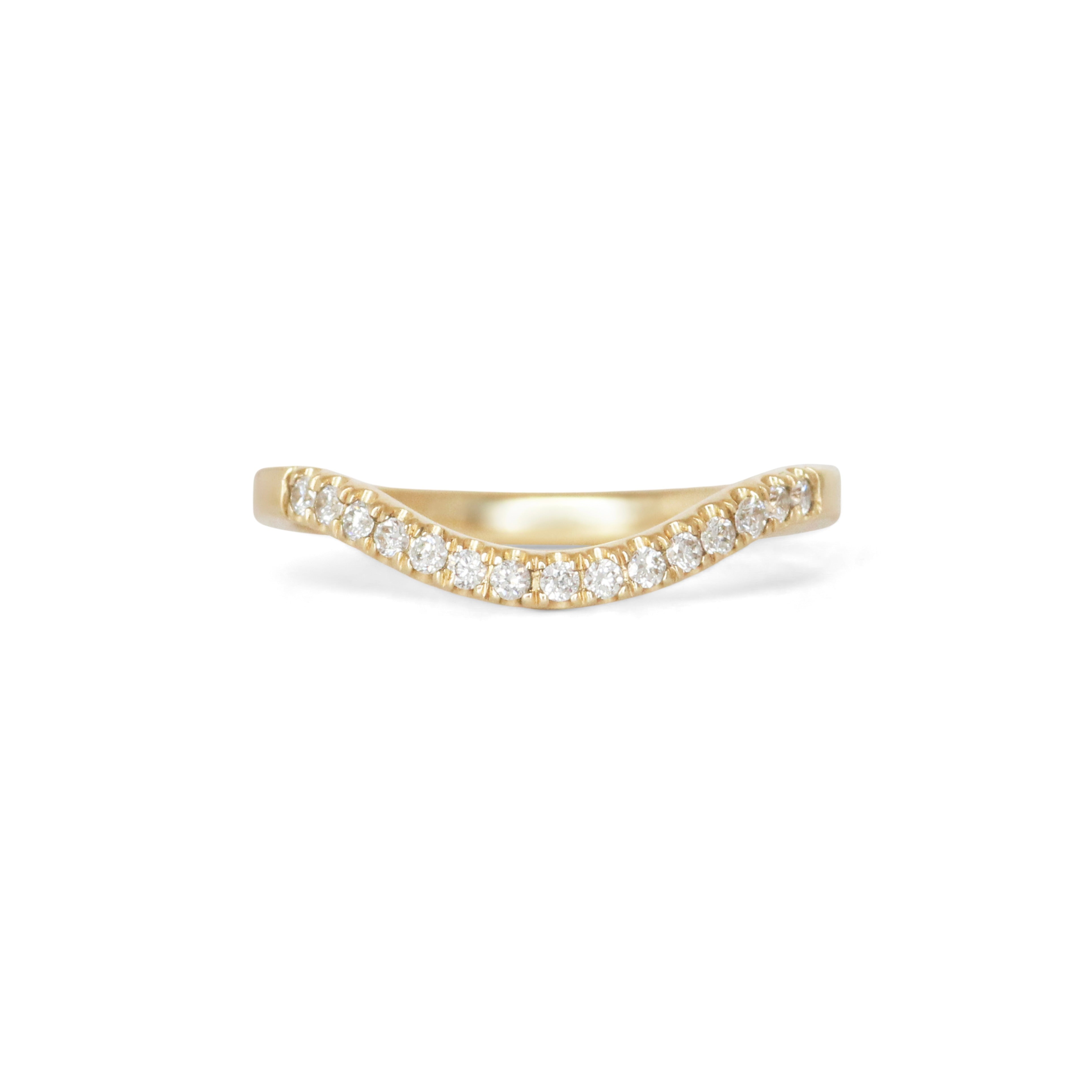 Front view of Flat Band Deep Curve / Pave Round Natural Diamonds  / in 14k Yellow Gold by Goldpoint Jewelry