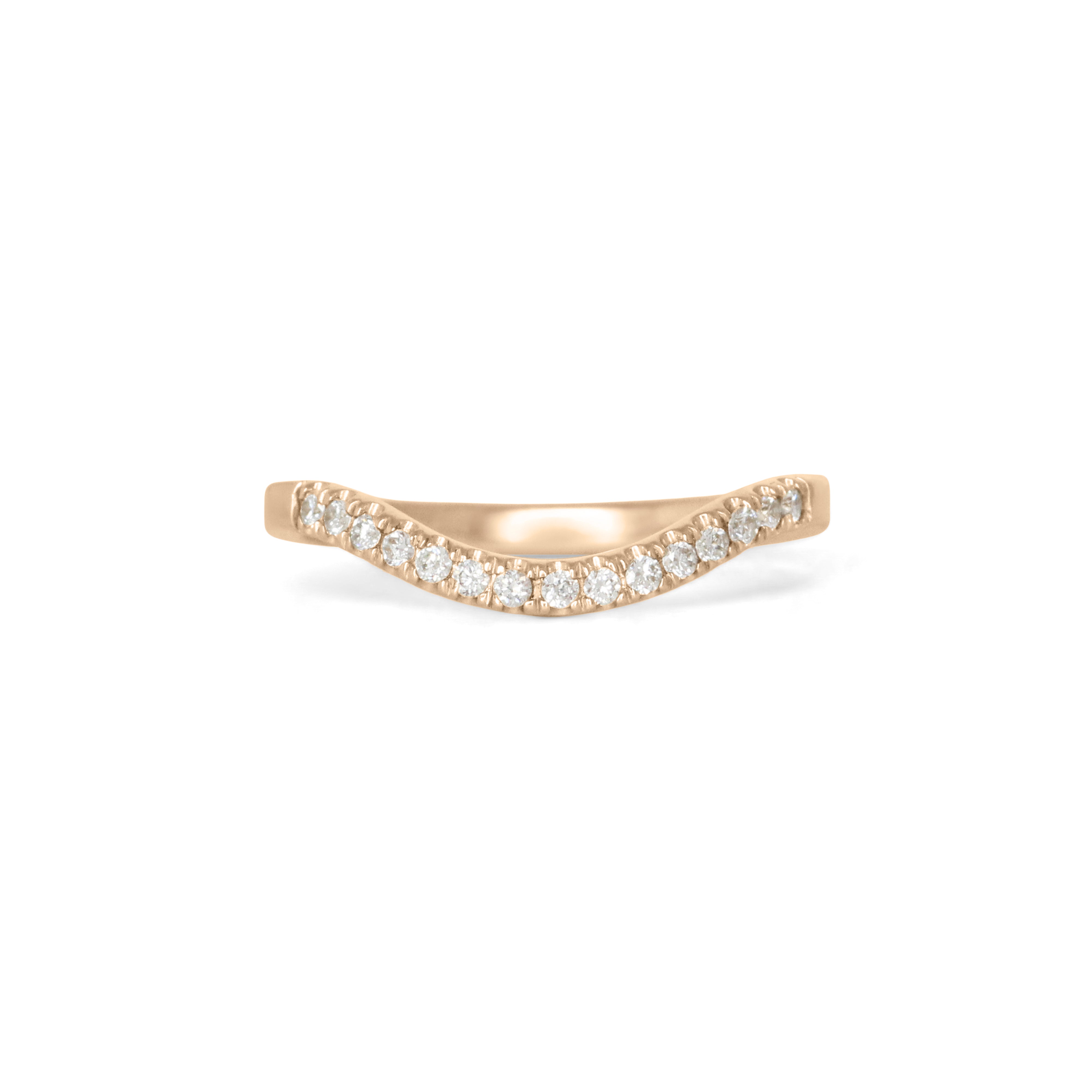 Front view of Flat Band 2mm Deep Curve / Pave Round Diamonds / in 14k Yellow Gold by Goldpoint Jewelry