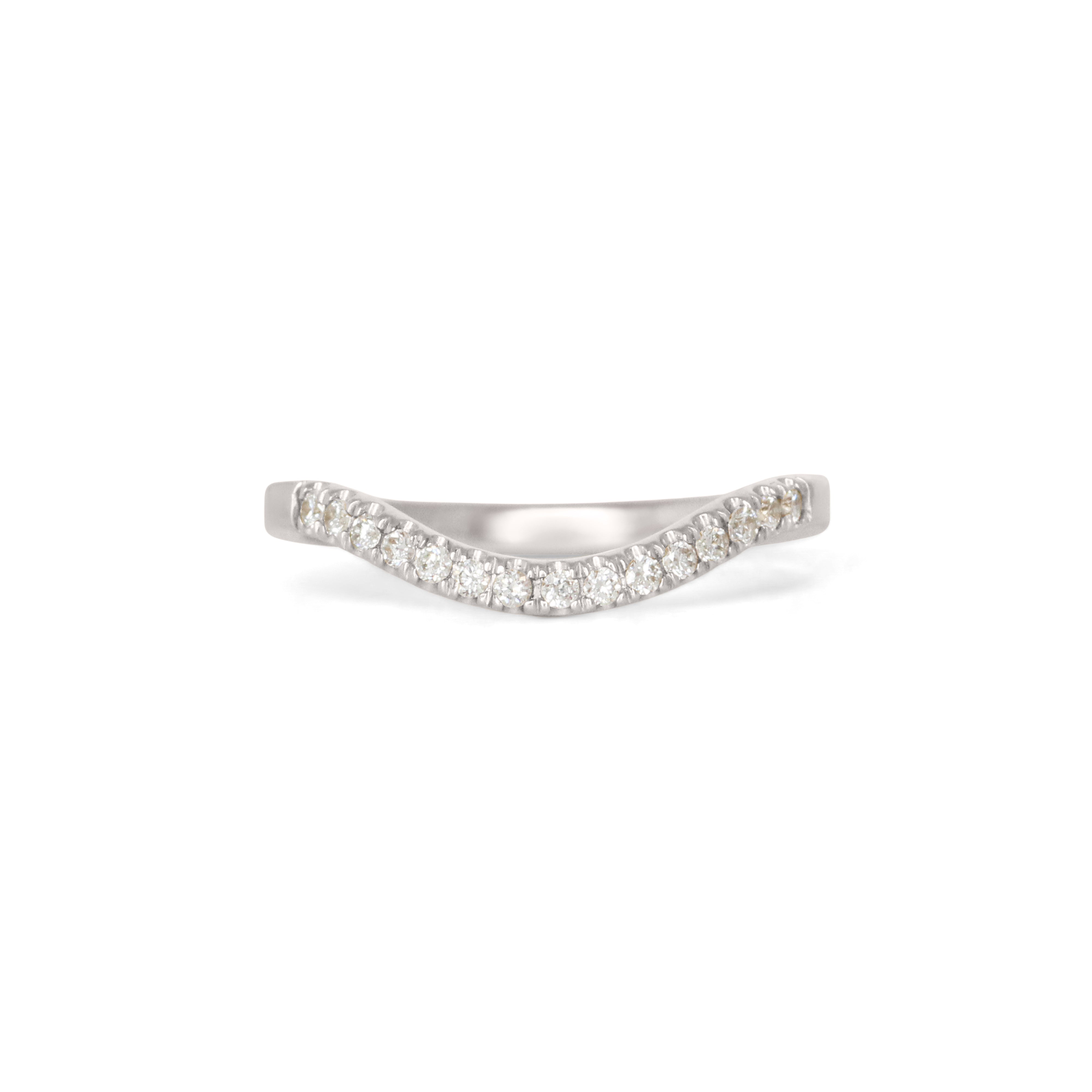 Front view of Flat Band 2mm Deep Curve / Pave Round Diamonds / in Platinum by Goldpoint Jewelry