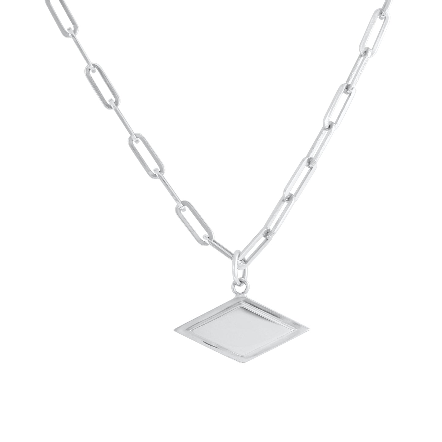 Step Frame Charm Diamond Necklace / Paperclip Chain