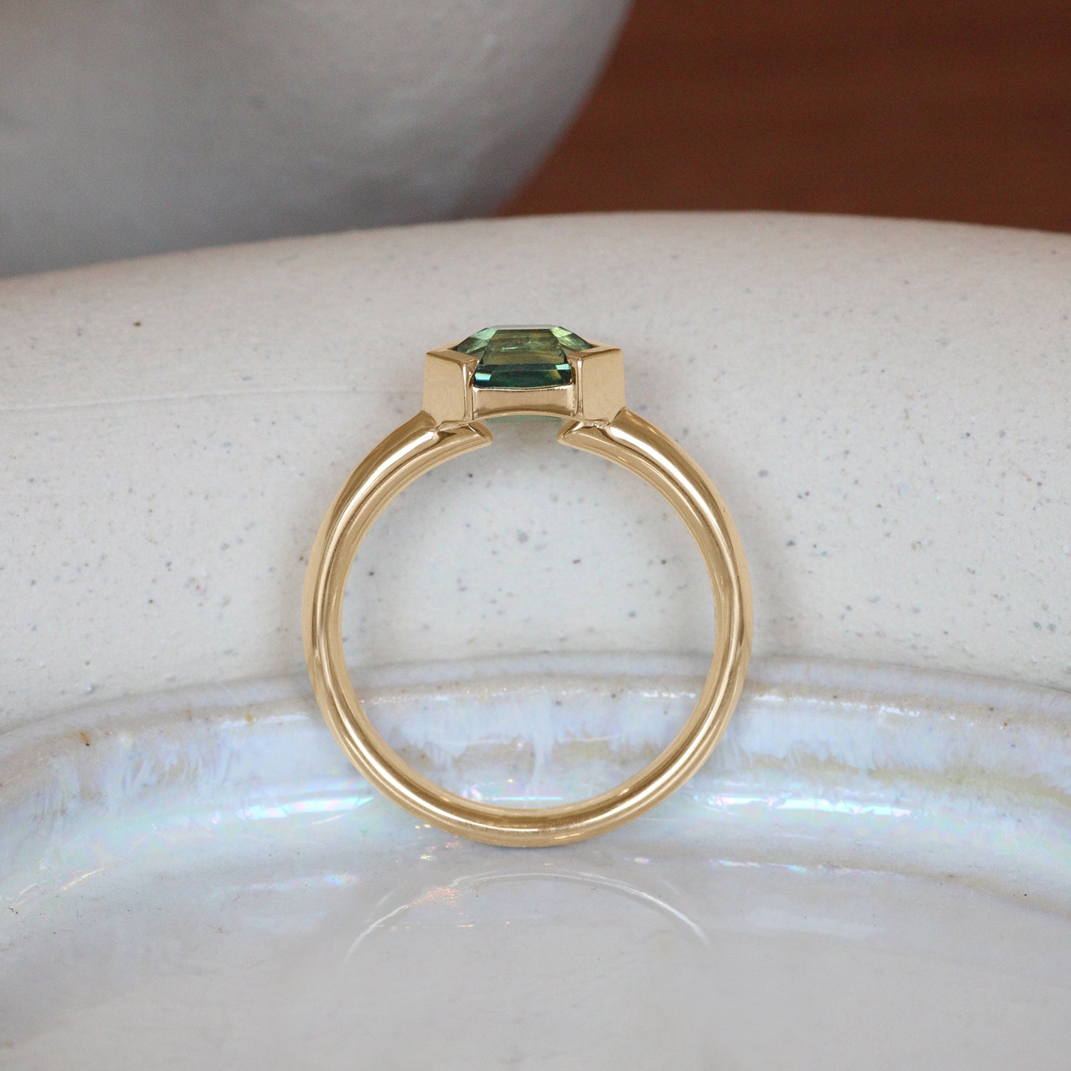 Lifestyle side profile view of Dobbin Ring Hexagon Sapphire 1.77ct by Goldpoint Jewelry