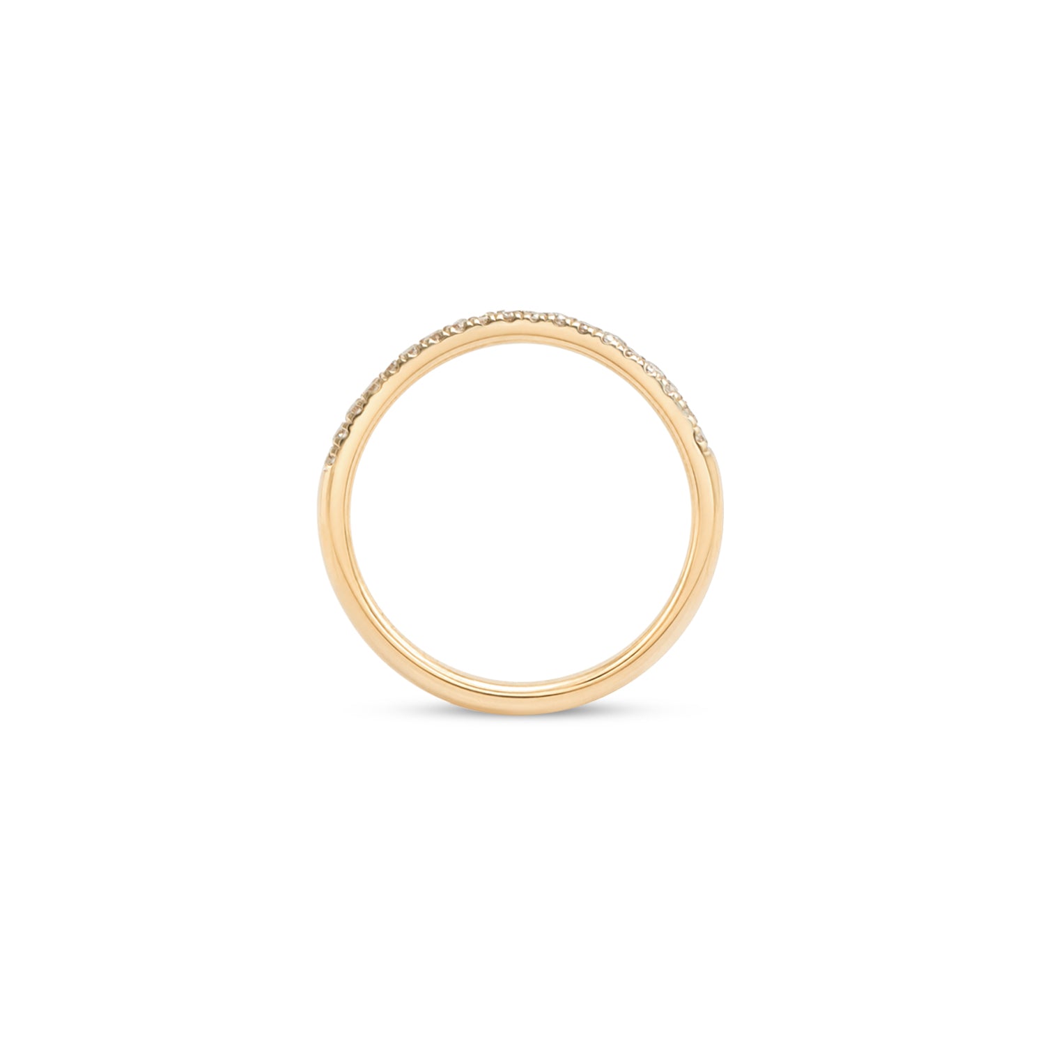Side profile view of Dome Band 2mm Deep Curve / Pave Round Lab Diamonds / in 14k Yellow Gold by Goldpoint Jewelry