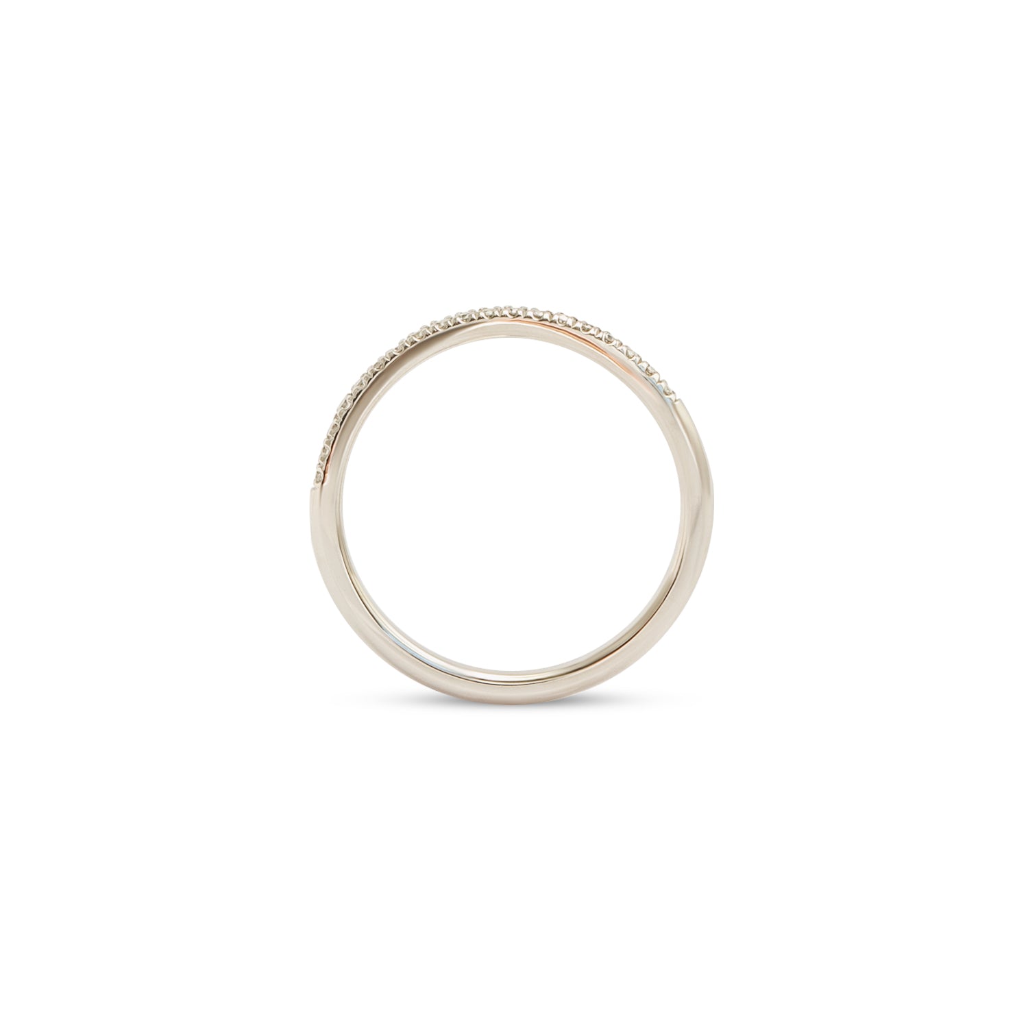 Side profile view of Dome Band 2mm Soft Curve / Pave Round Diamonds / in Platinum by Goldpoint Jewelry