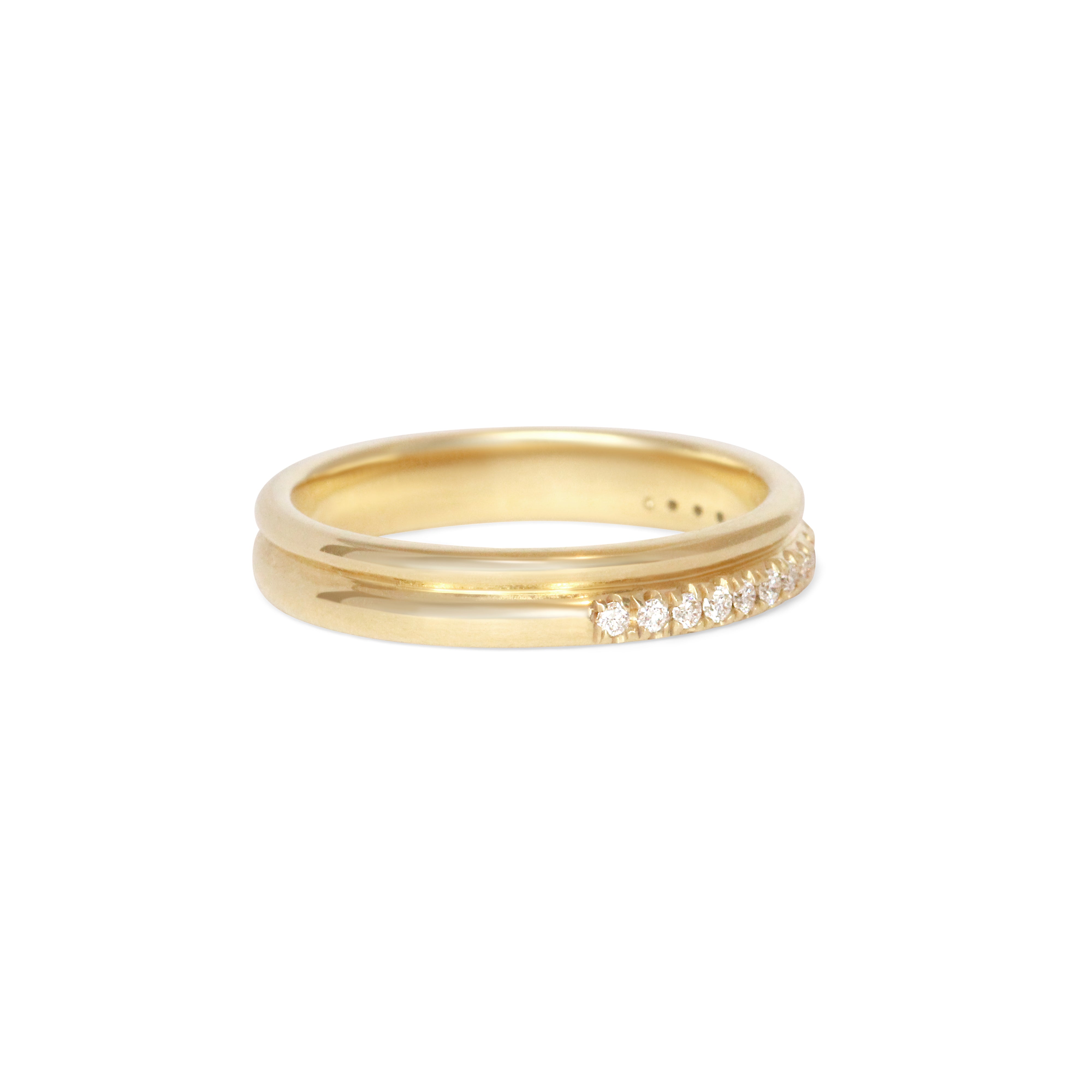 Side view of Duo Band / Pave Round Lab Diamonds / in 14k Yellow Gold by Goldpoint Jewelry