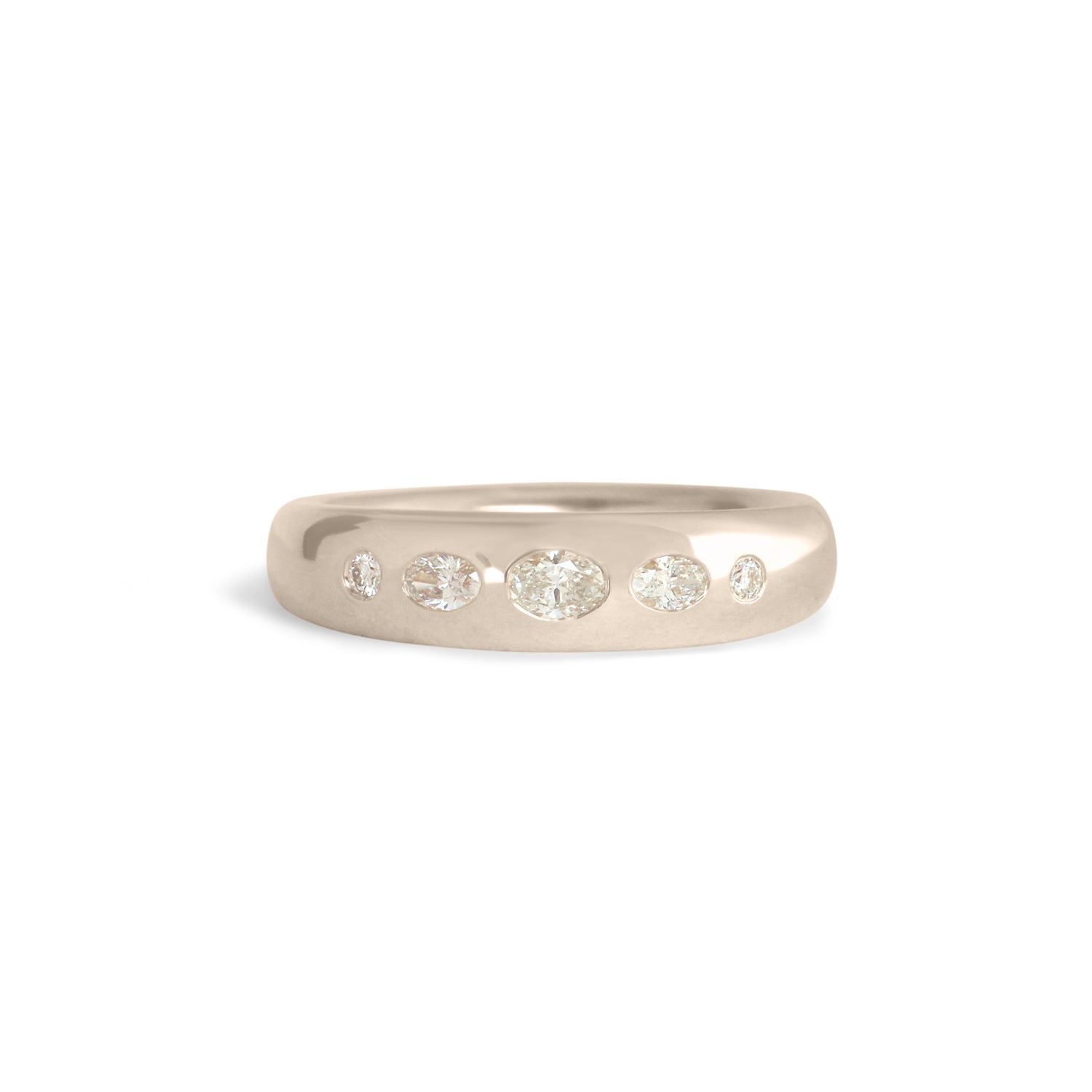Front view of Ellipse Band 5mm / Flush Oval Diamond / in 18k White Gold by Goldpoint Jewelry