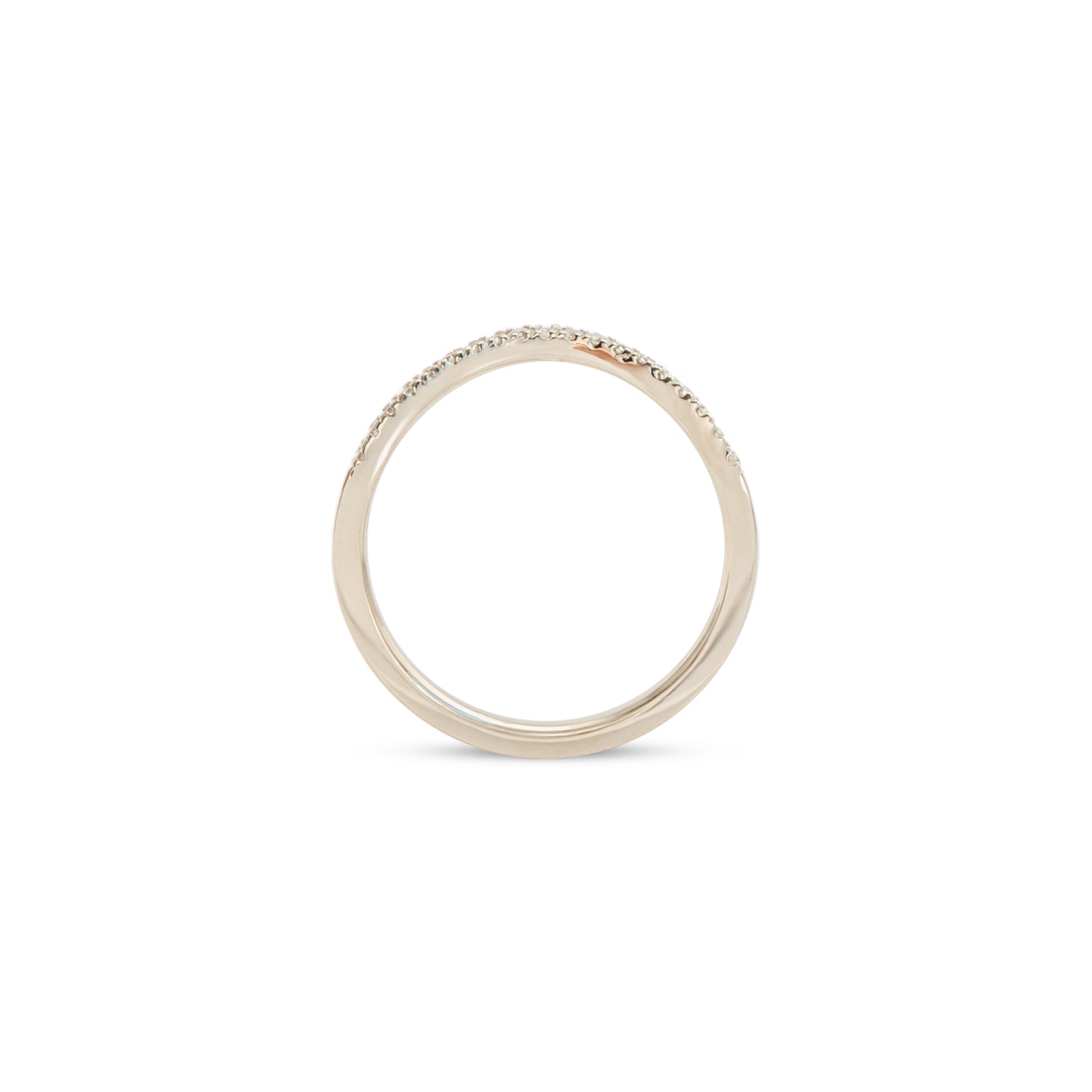Side profile view of Flat Band 2mm Deep Curve / Pave Round Diamonds / in 14k White Gold by Goldpoint Jewelry