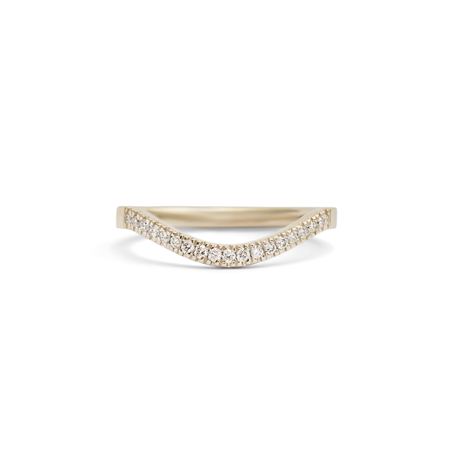Front view of Flat Band 2mm Deep Curve / Pave Round Diamonds / in 14k White Gold by Goldpoint Jewelry