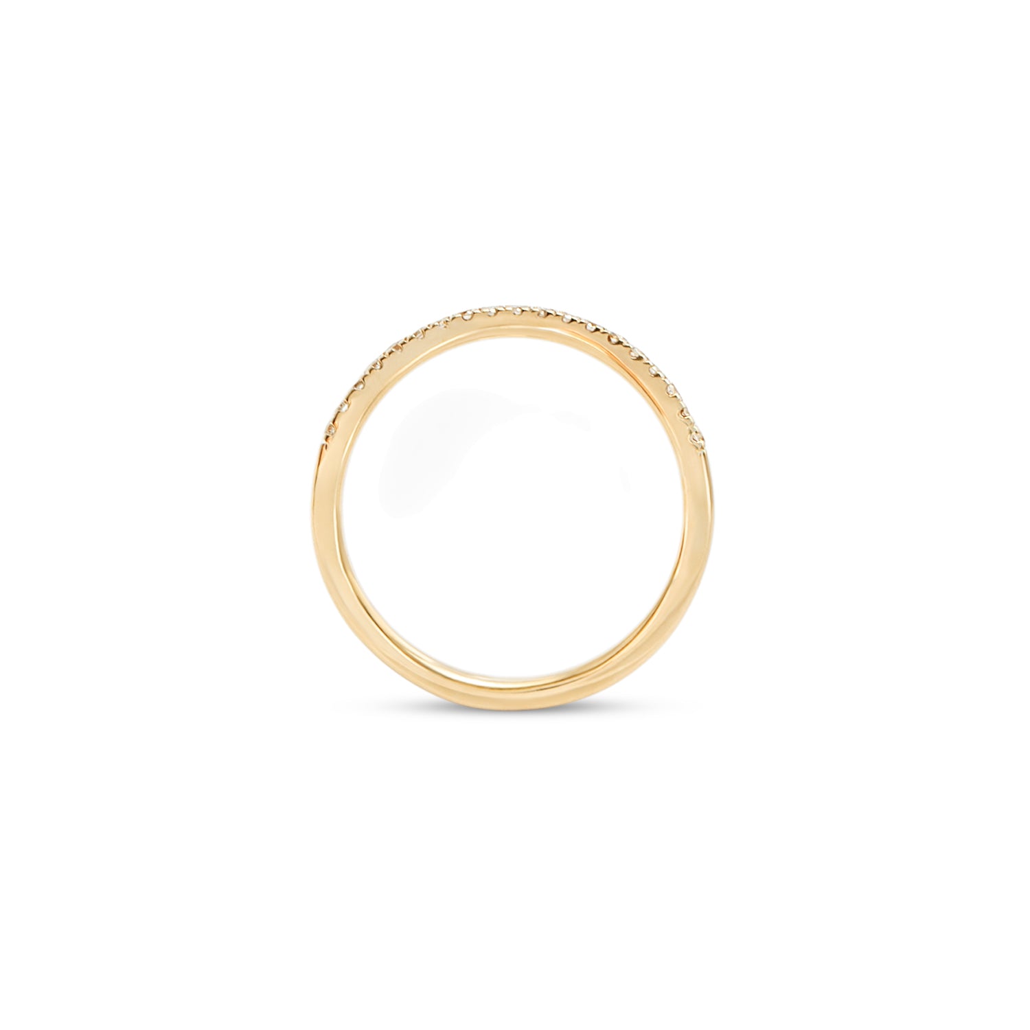 Side profile view of Flat Band 2mm Soft Curve / Pave Round Diamonds / in 14k Yellow Gold by Goldpoint Jewelry