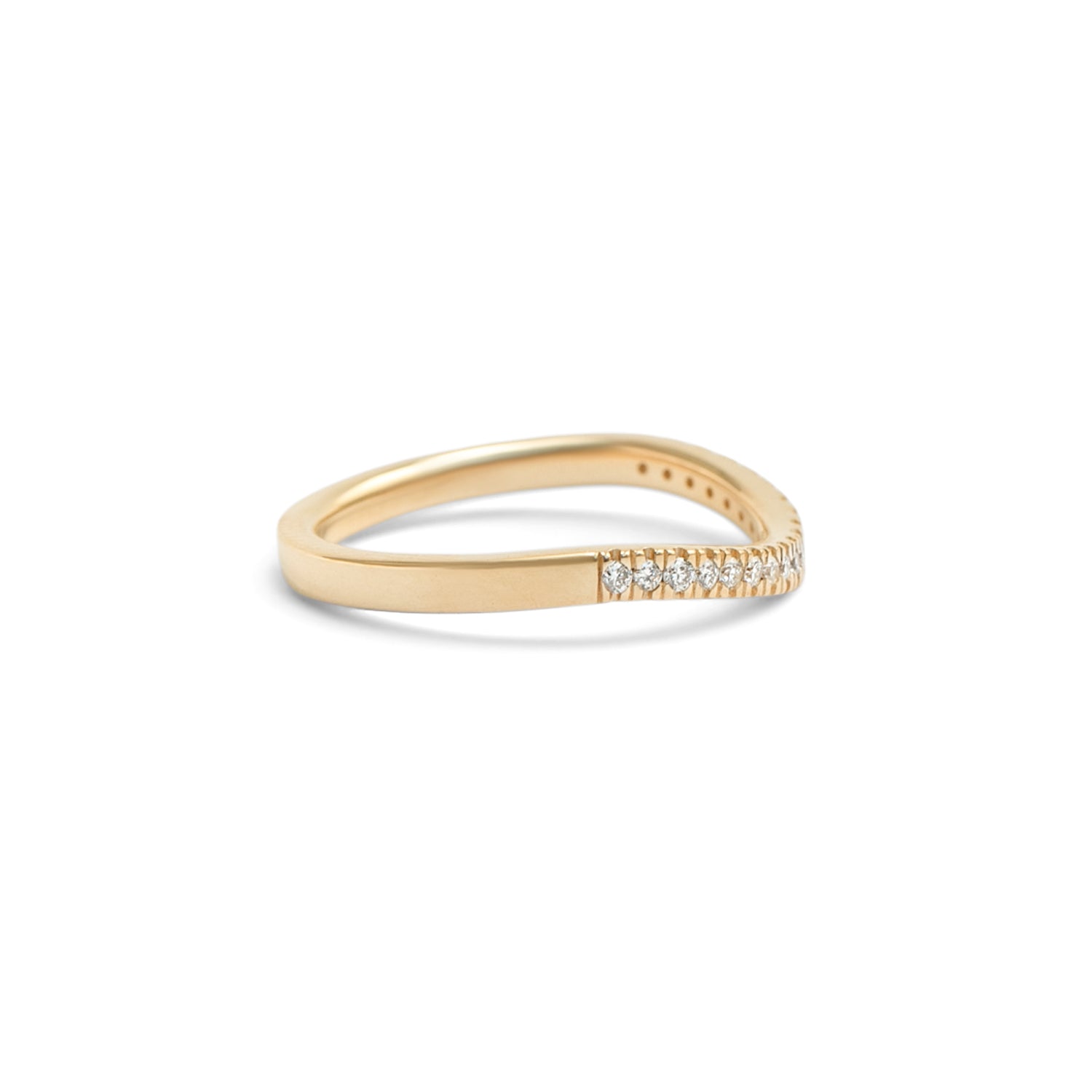 Side view of Flat Band 2mm Soft Curve / Pave Round Diamonds / in 14k Yellow Gold by Goldpoint Jewelry