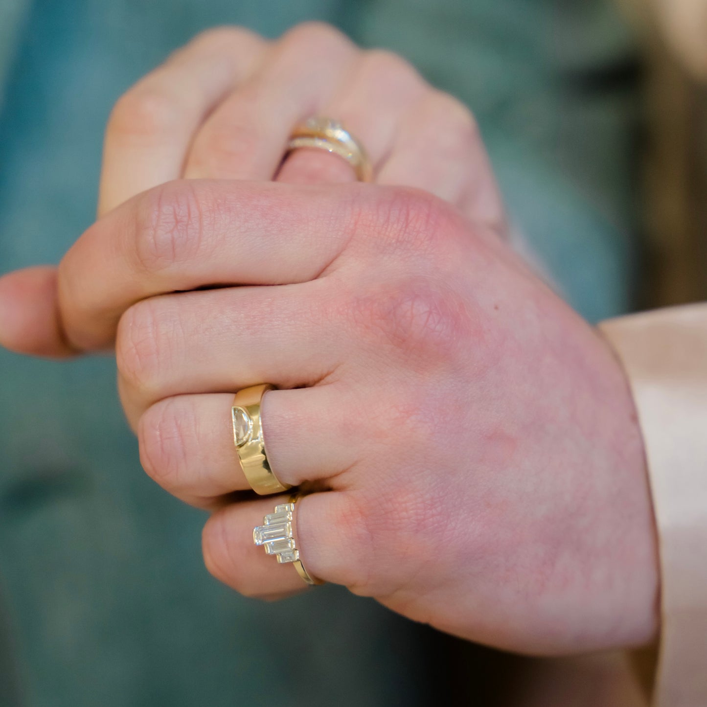 Model wearing Horizon Band / Champagne Half Moon Diamond on ring finger