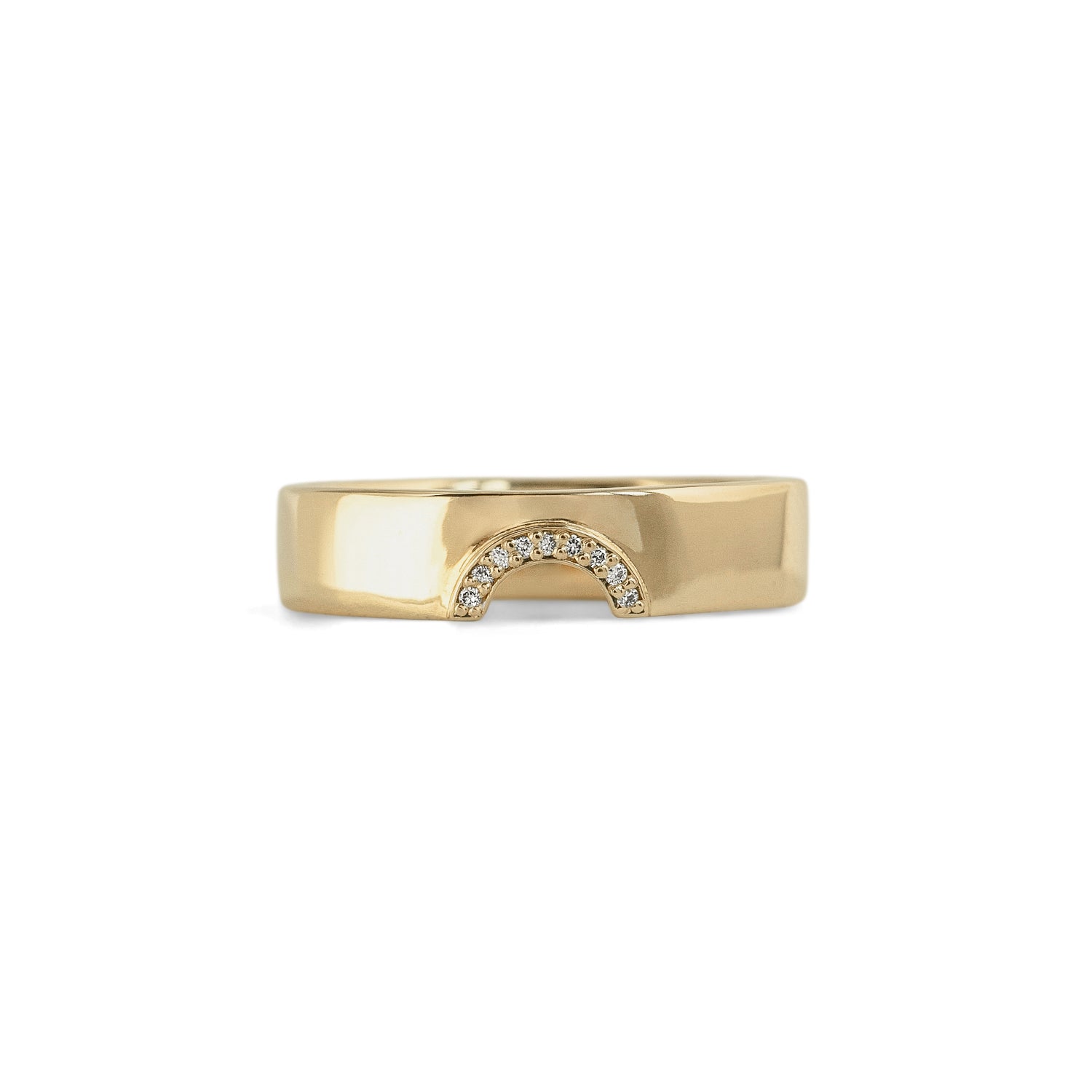 Front view of Horizon Half Moon Cutout Band / Pave Round Lab Diamonds / in 14k Yellow Gold by Goldpoint Jewelry