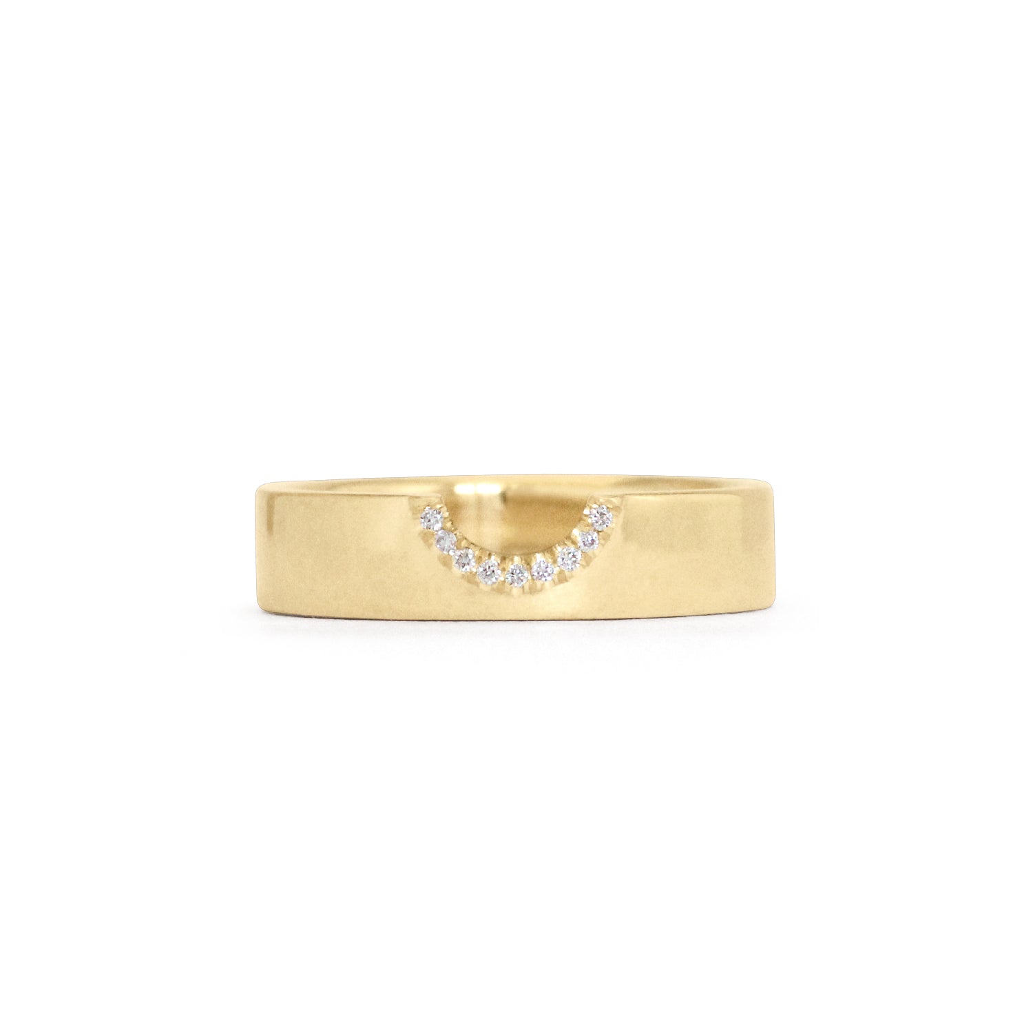 Opposite front view of Horizon Band Half Moon Cutout Pave Round Diamonds in 14k yellow gold